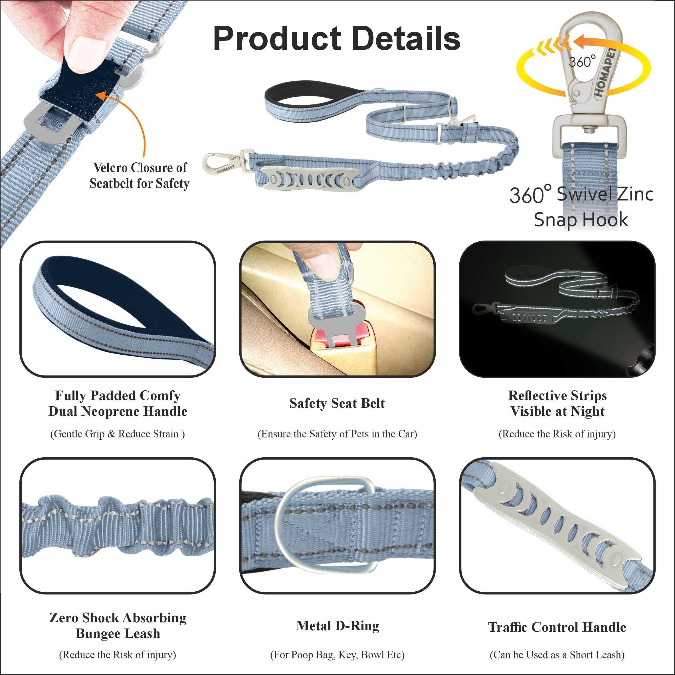 Baby Lavender Nylon Adjustable Bungee Dog Leash