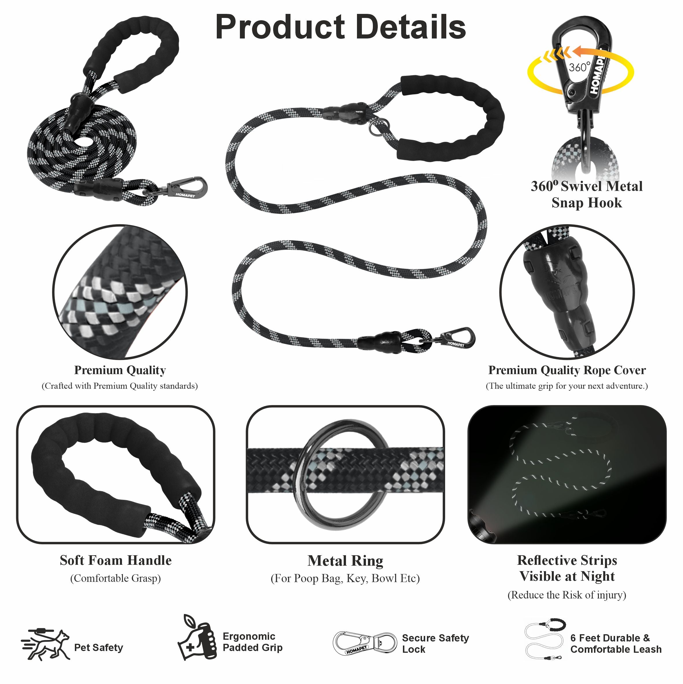 Black - Grey Braided Polyester Reflective Dog Rope