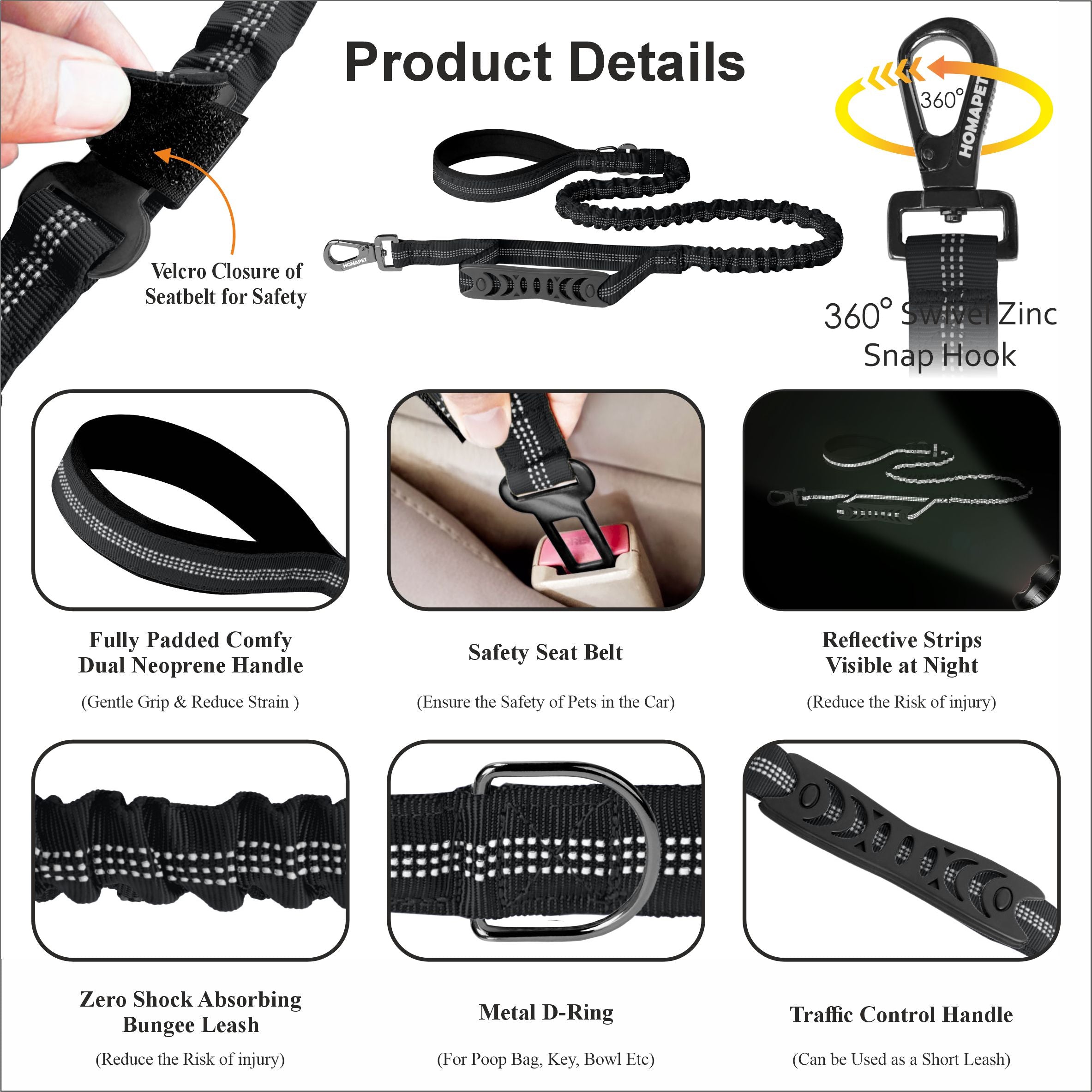Black Polyester Full Bungee Dog Leash