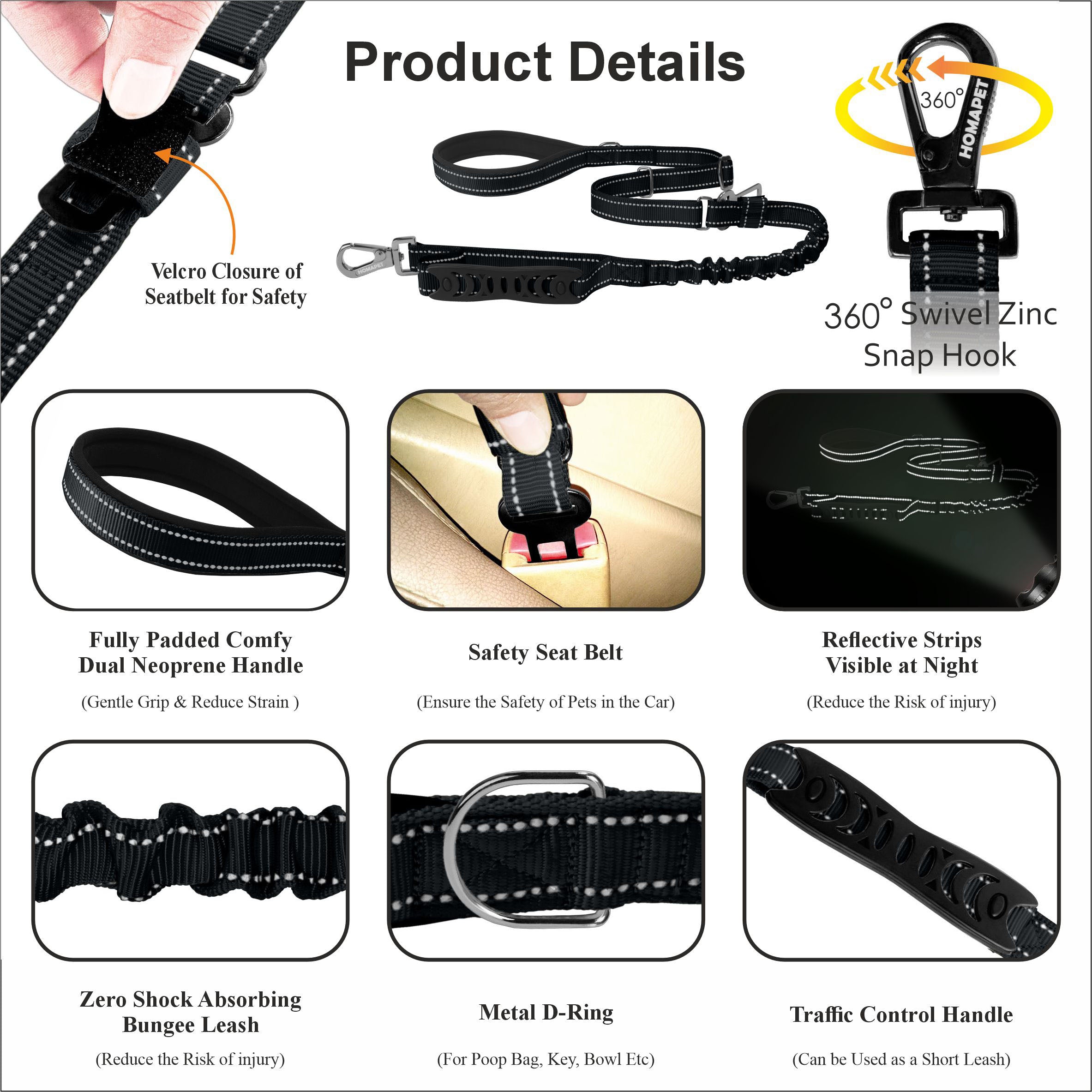 Black Nylon Adjustable Bungee Dog Leash
