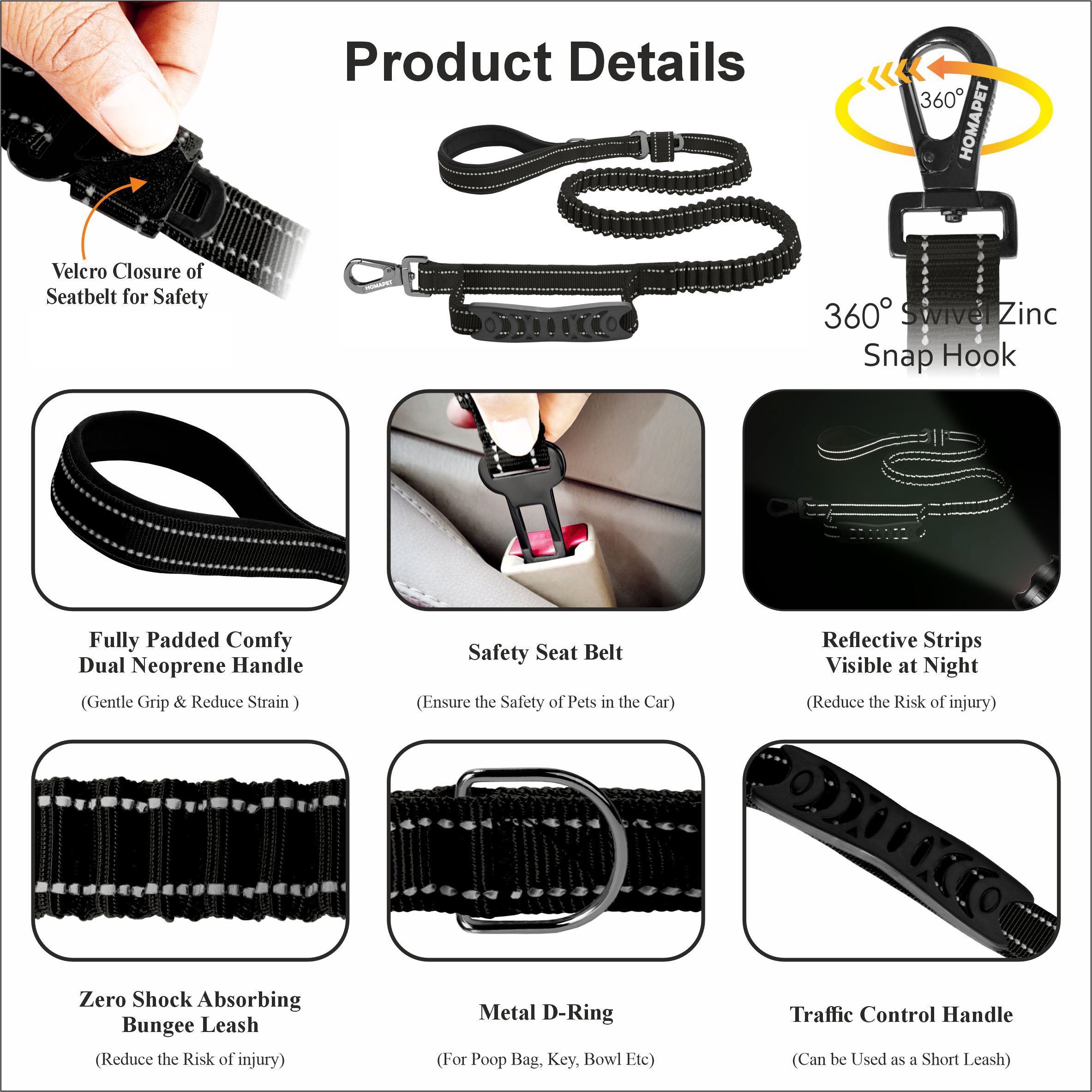 Black Polyester Full Bungee Dog Leash