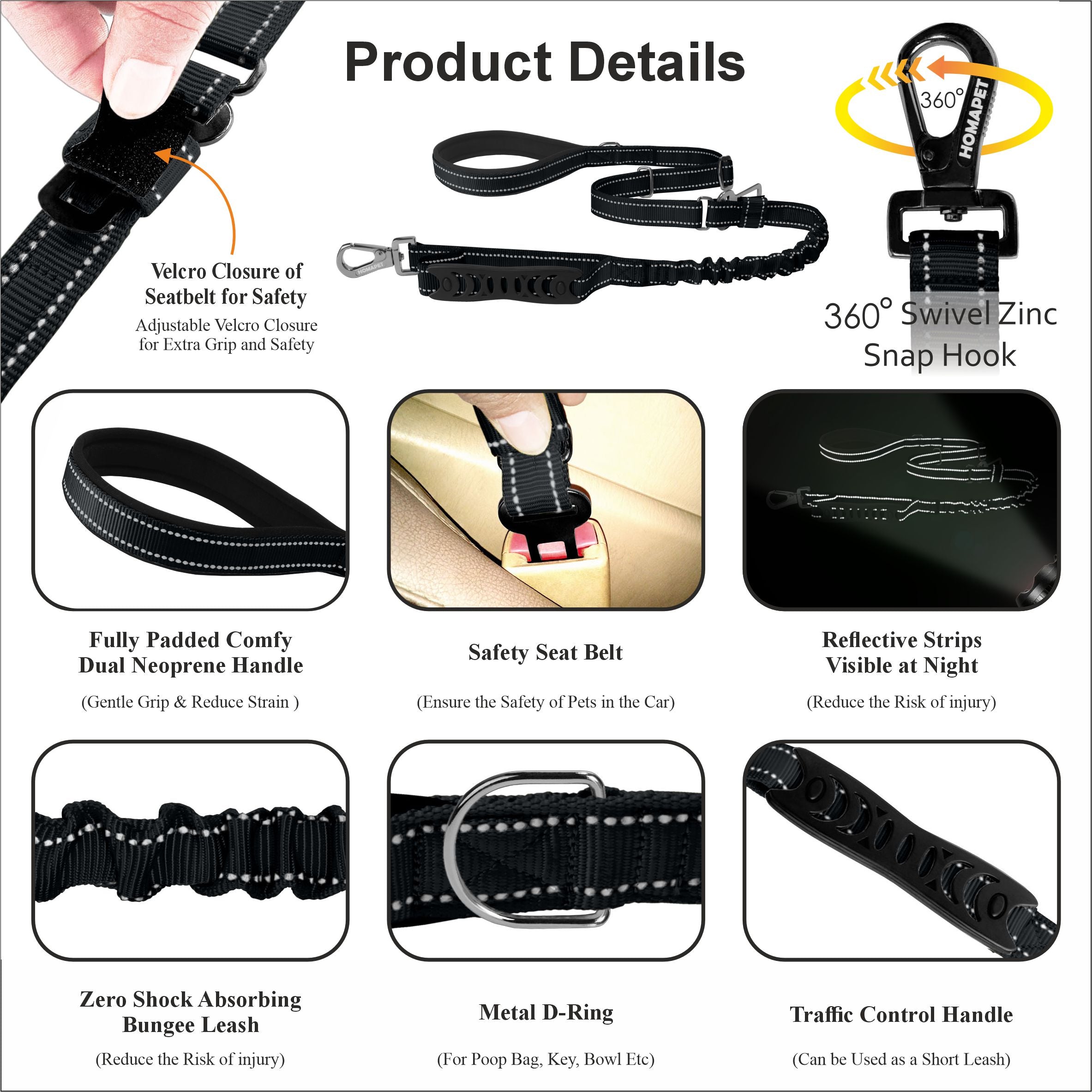 Black Nylon Adjustable Bungee Dog Leash