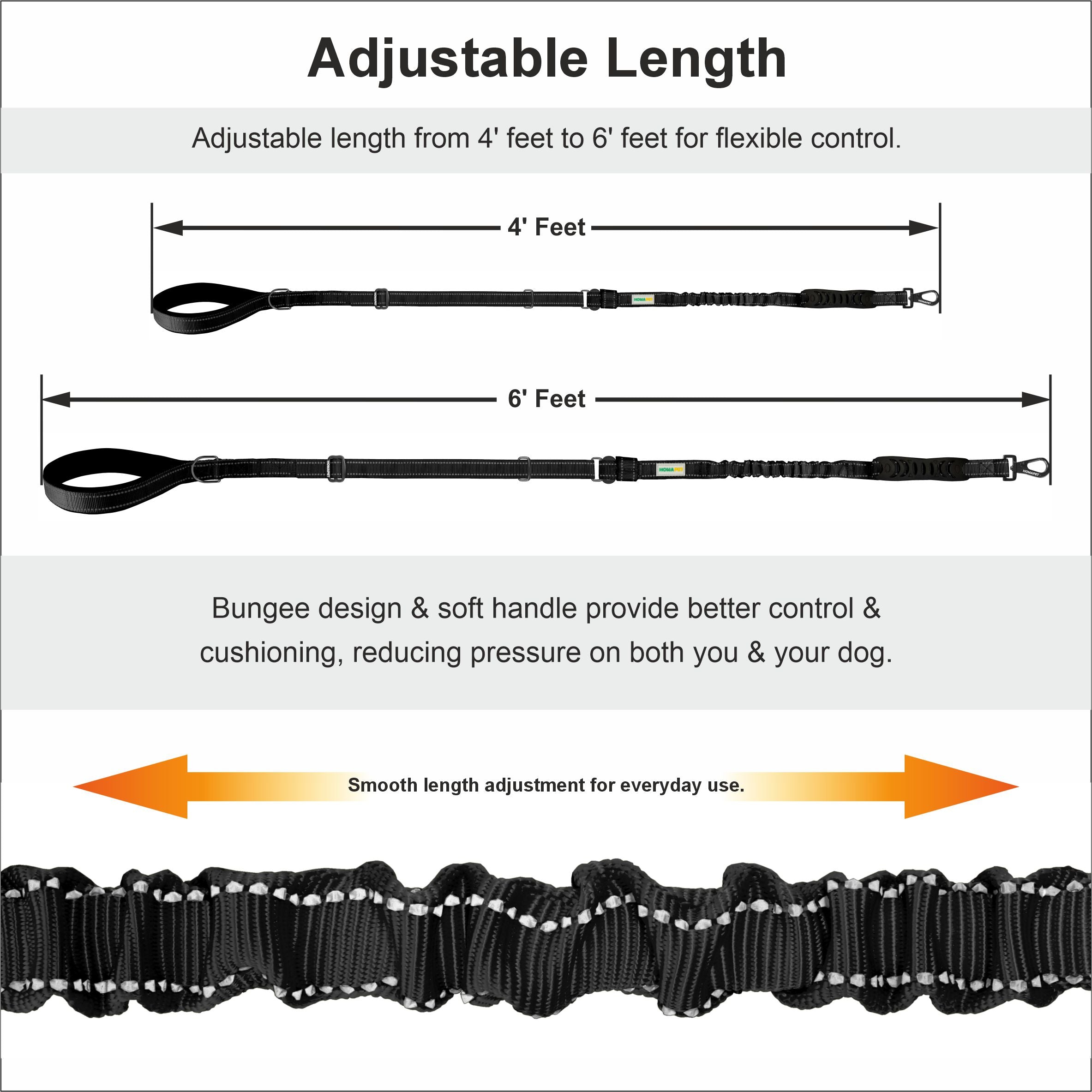 Black Nylon Adjustable Bungee Dog Leash