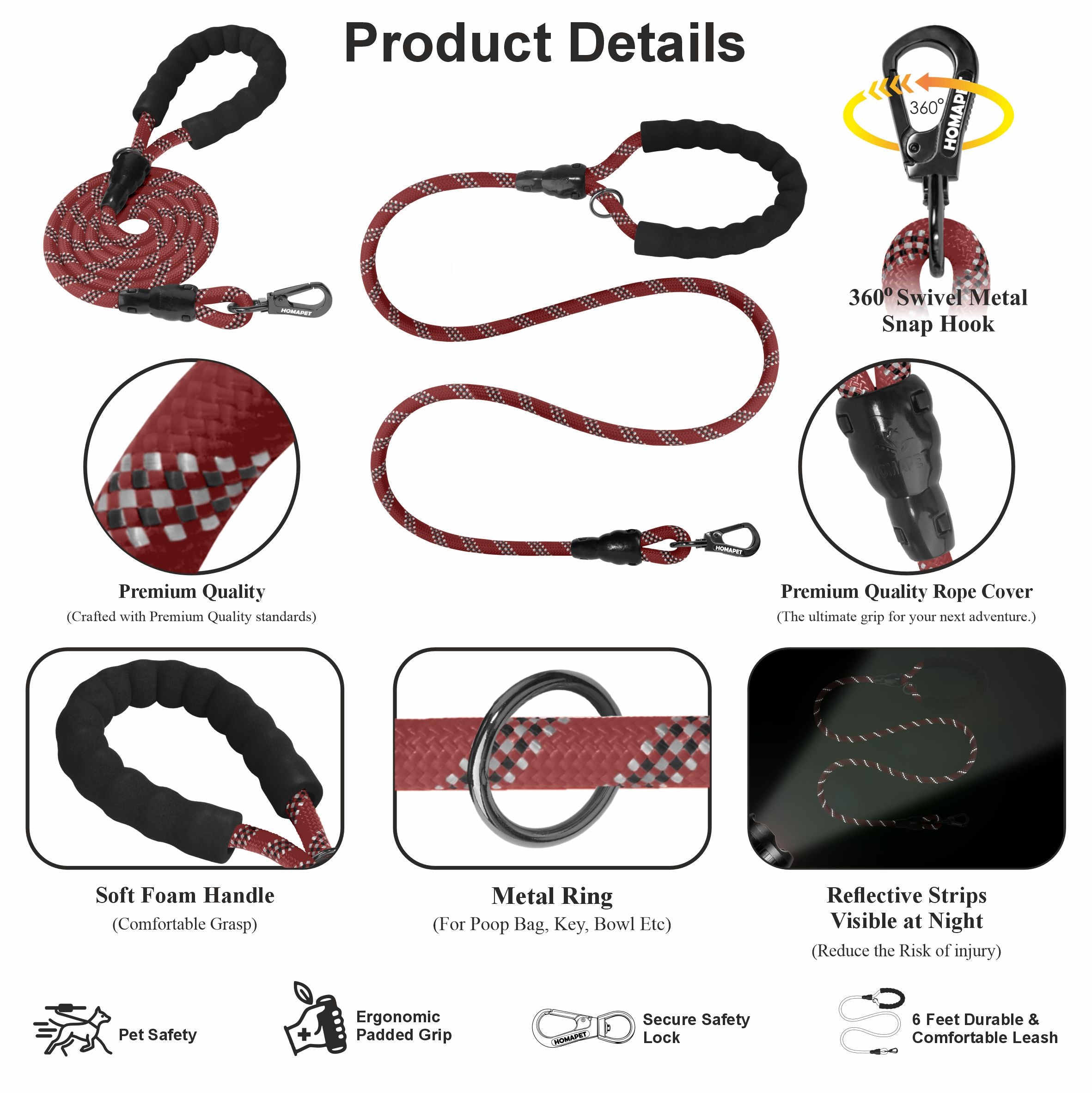 Burgundy - Black Braided Polyester Reflective Dog Rope