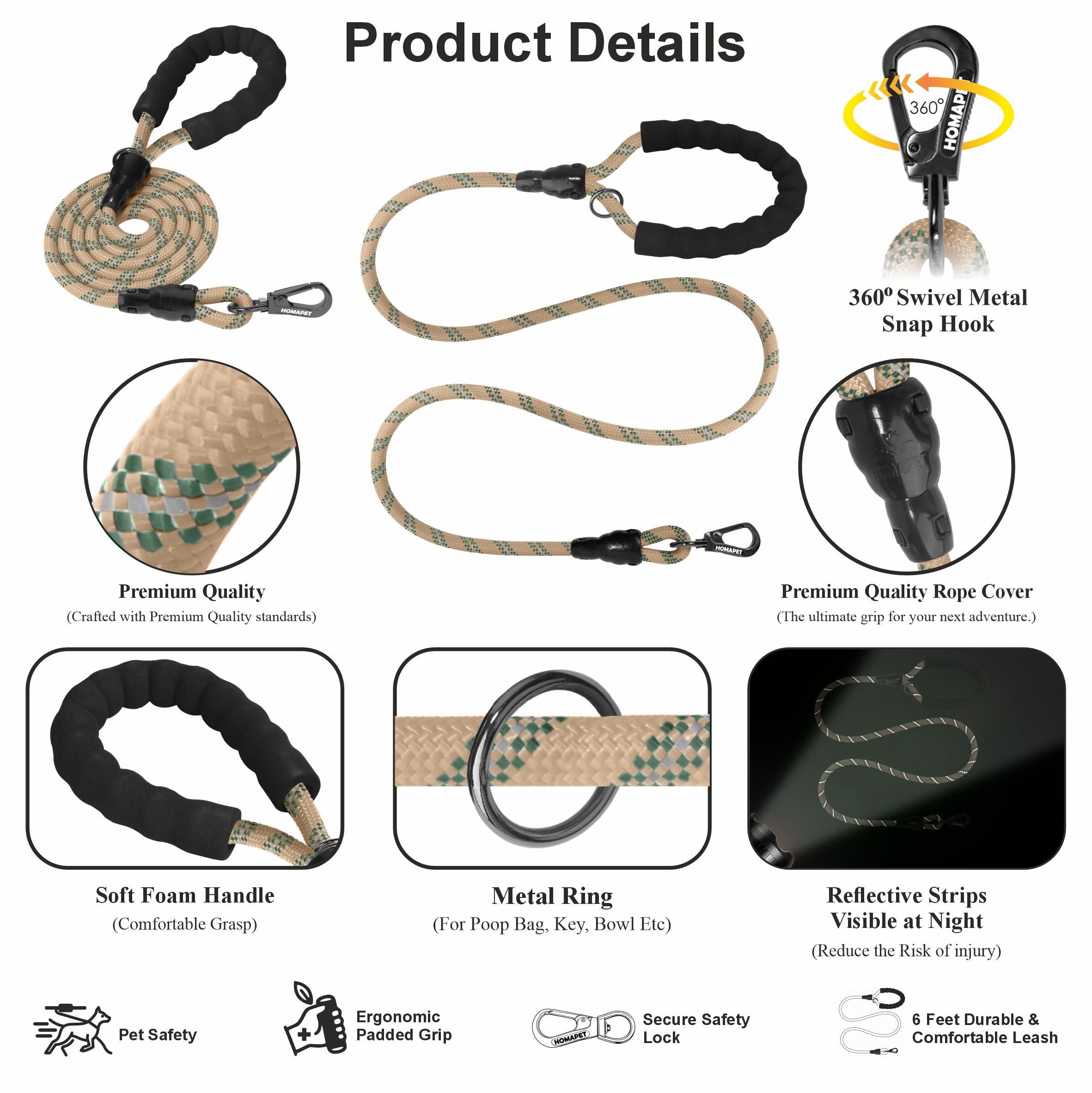 Copper Brown - Olive Green Braided Polyester Reflective Dog Rope