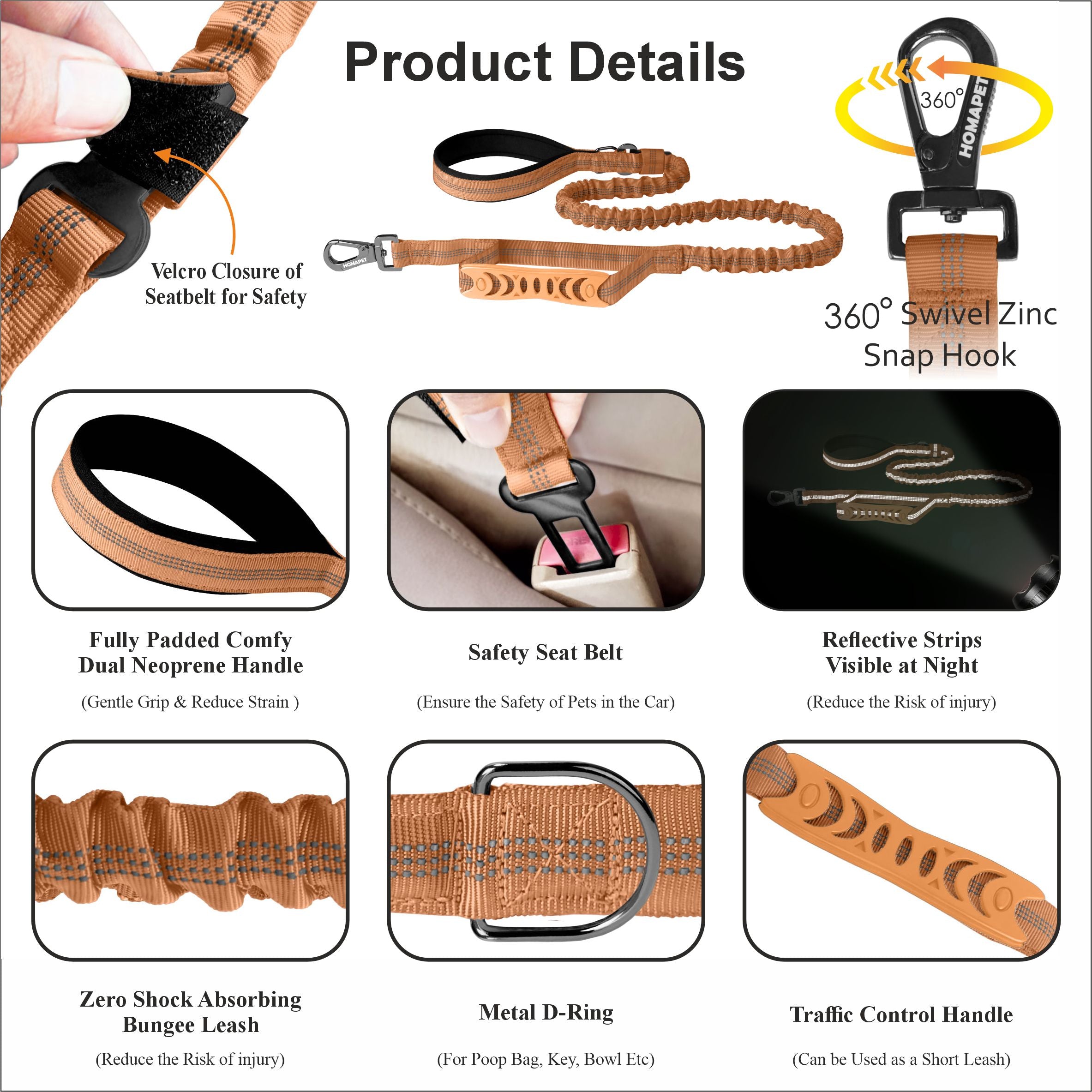 Copper Brown Nylon Full Bungee Dog Leash