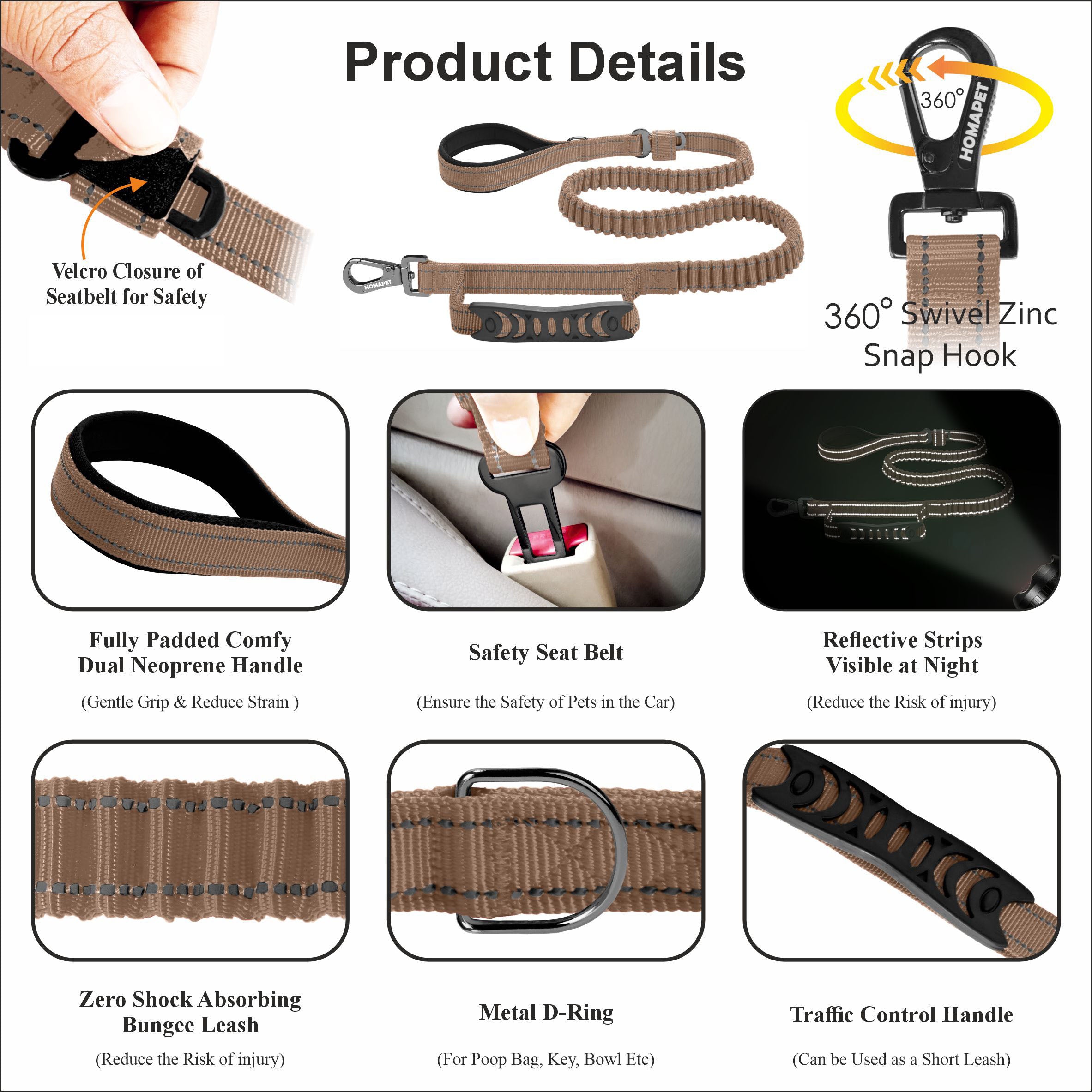 Copper Brown Polyester Full Bungee Dog Leash