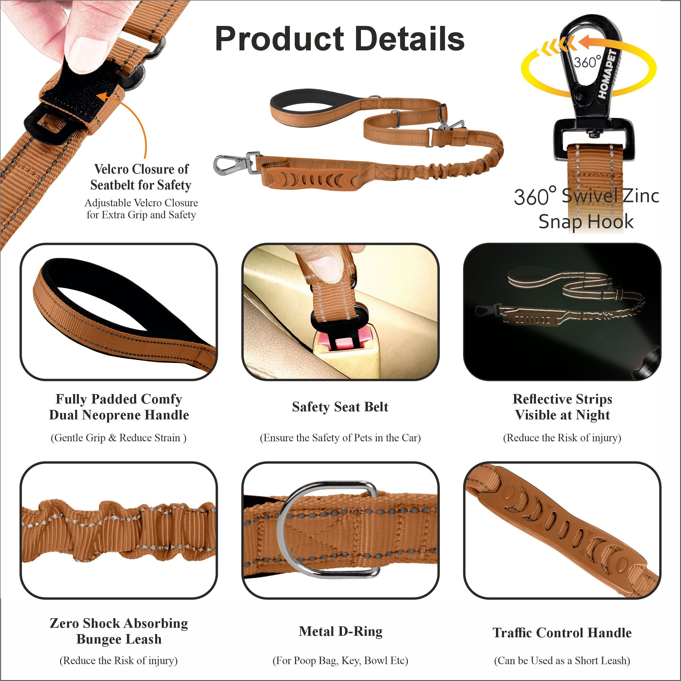 Copper Brown Nylon Adjustable Bungee Dog Leash