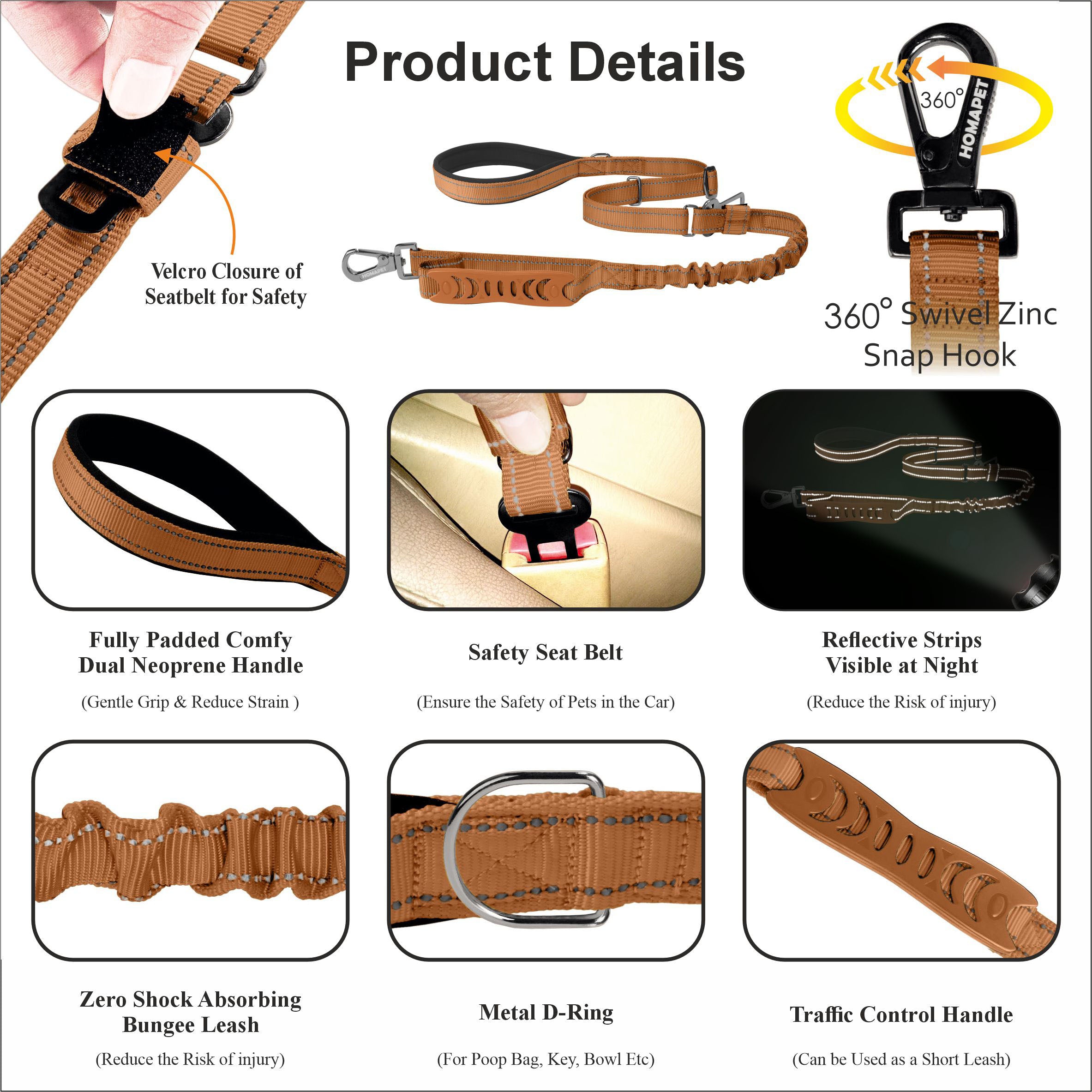 Copper Brown Nylon Adjustable Bungee Dog Leash