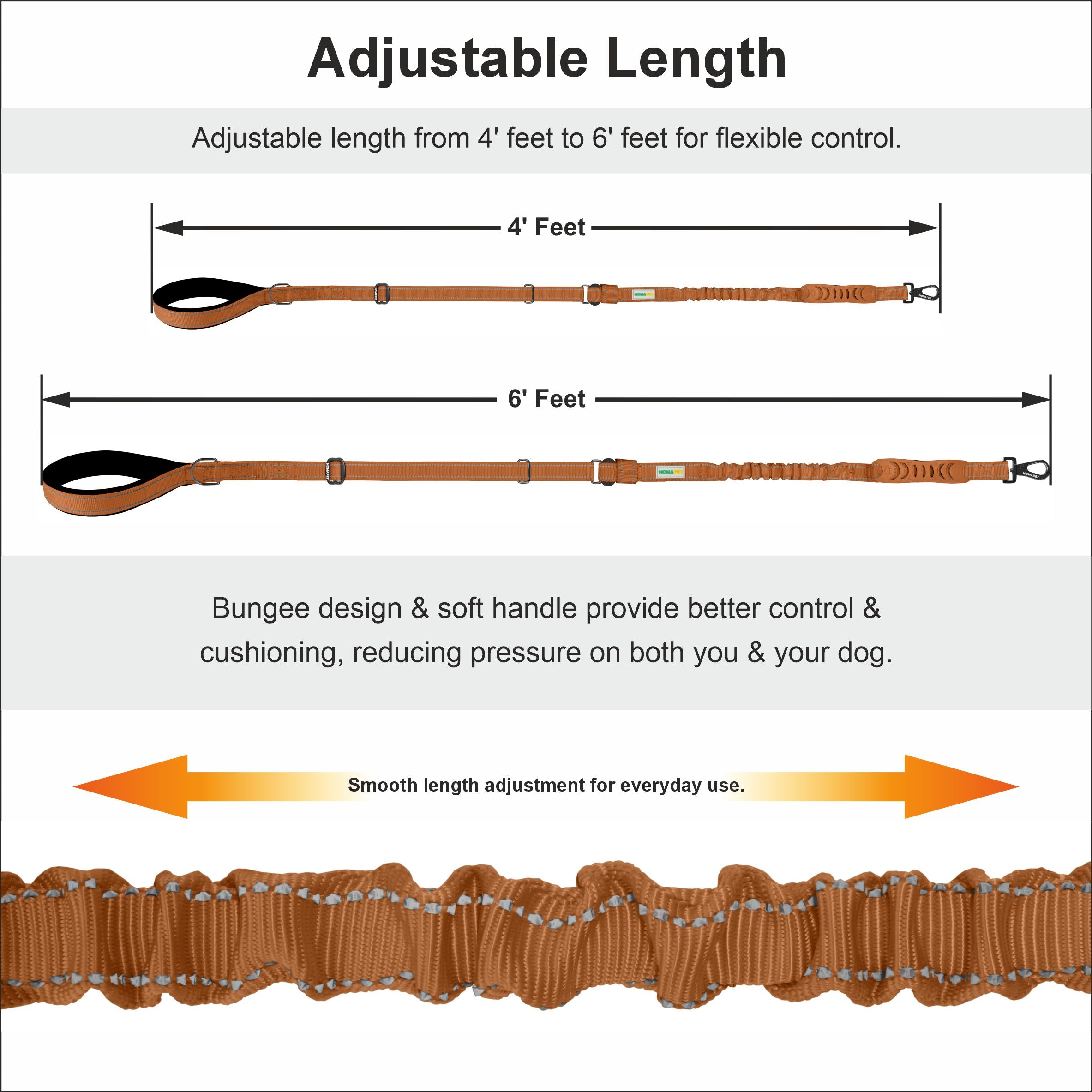 Copper Brown Nylon Adjustable Bungee Dog Leash