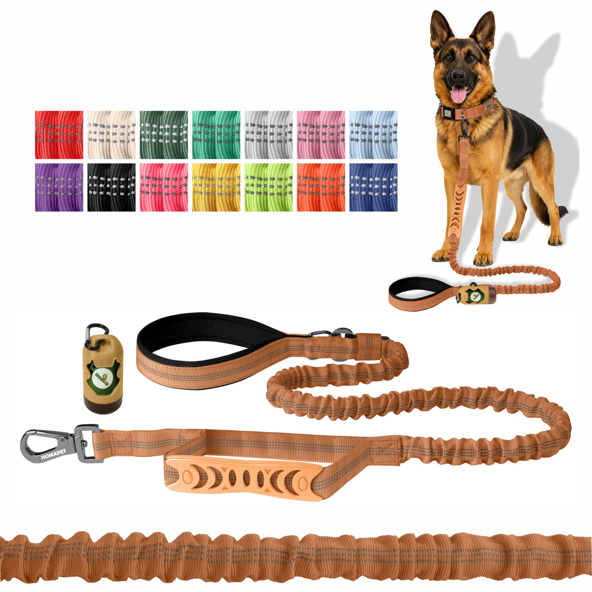 Copper Brown Nylon Full Bungee Dog Leash