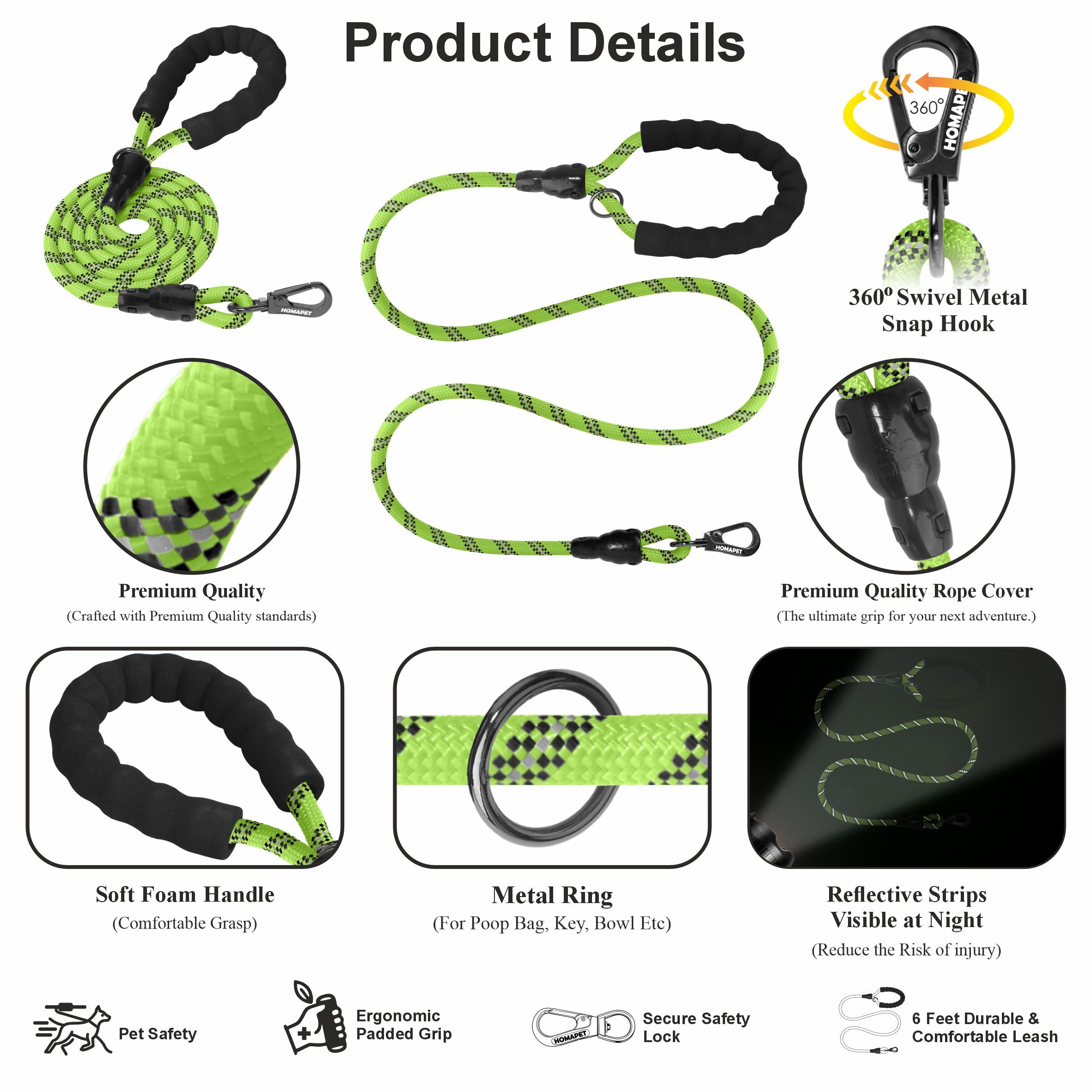 FS Green - Black Braided Polyester Reflective Dog Rope