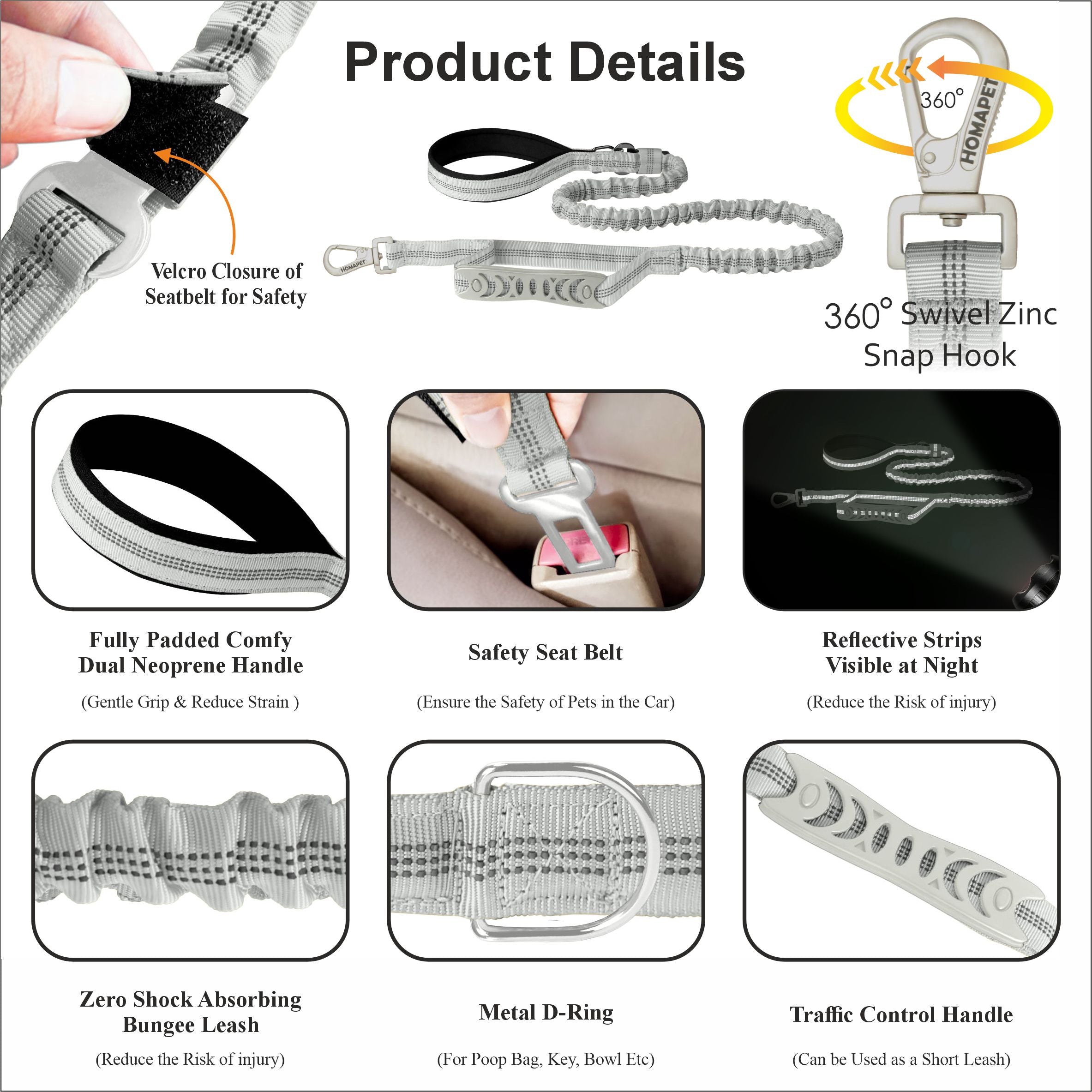 Light Grey Polyester Full Bungee Dog Leash