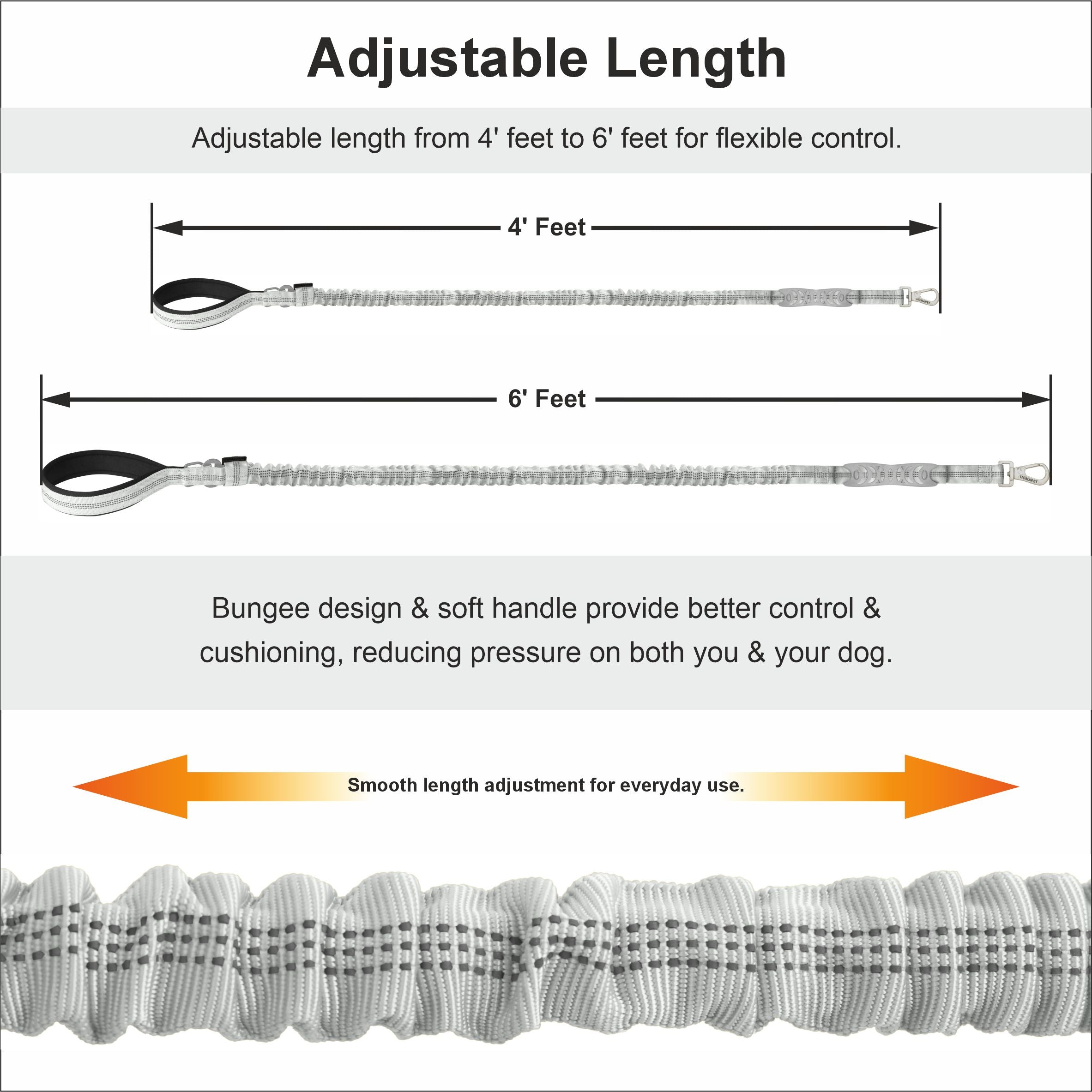 Light Grey Nylon Full Bungee Dog Leash