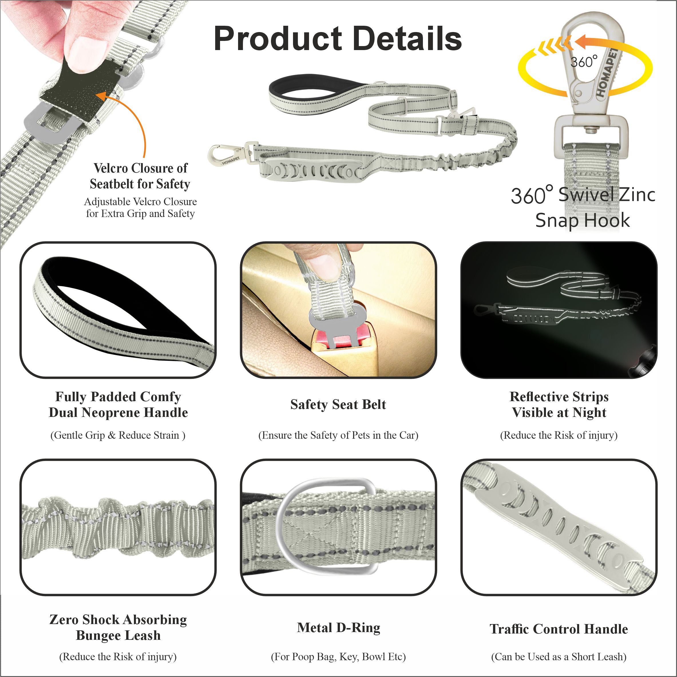 Light Grey Nylon Adjustable Bungee Dog Leash