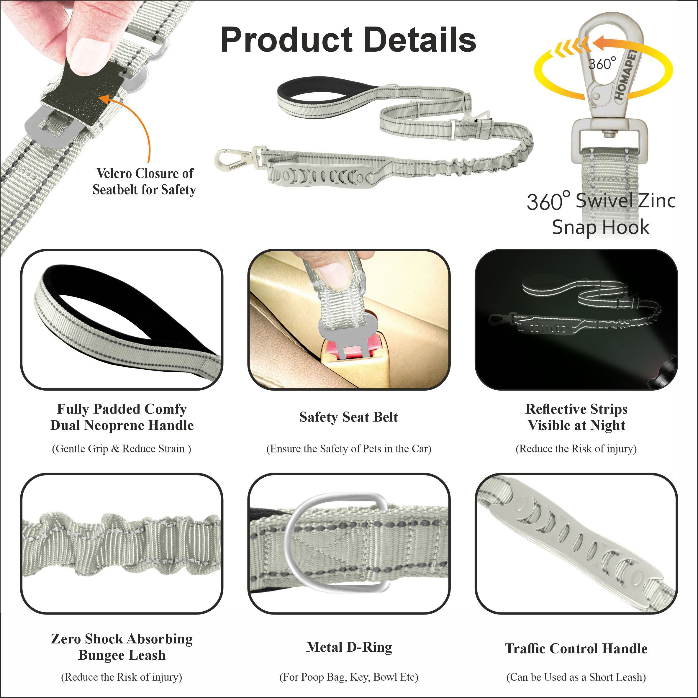 Light Grey Nylon Adjustable Bungee Dog Leash