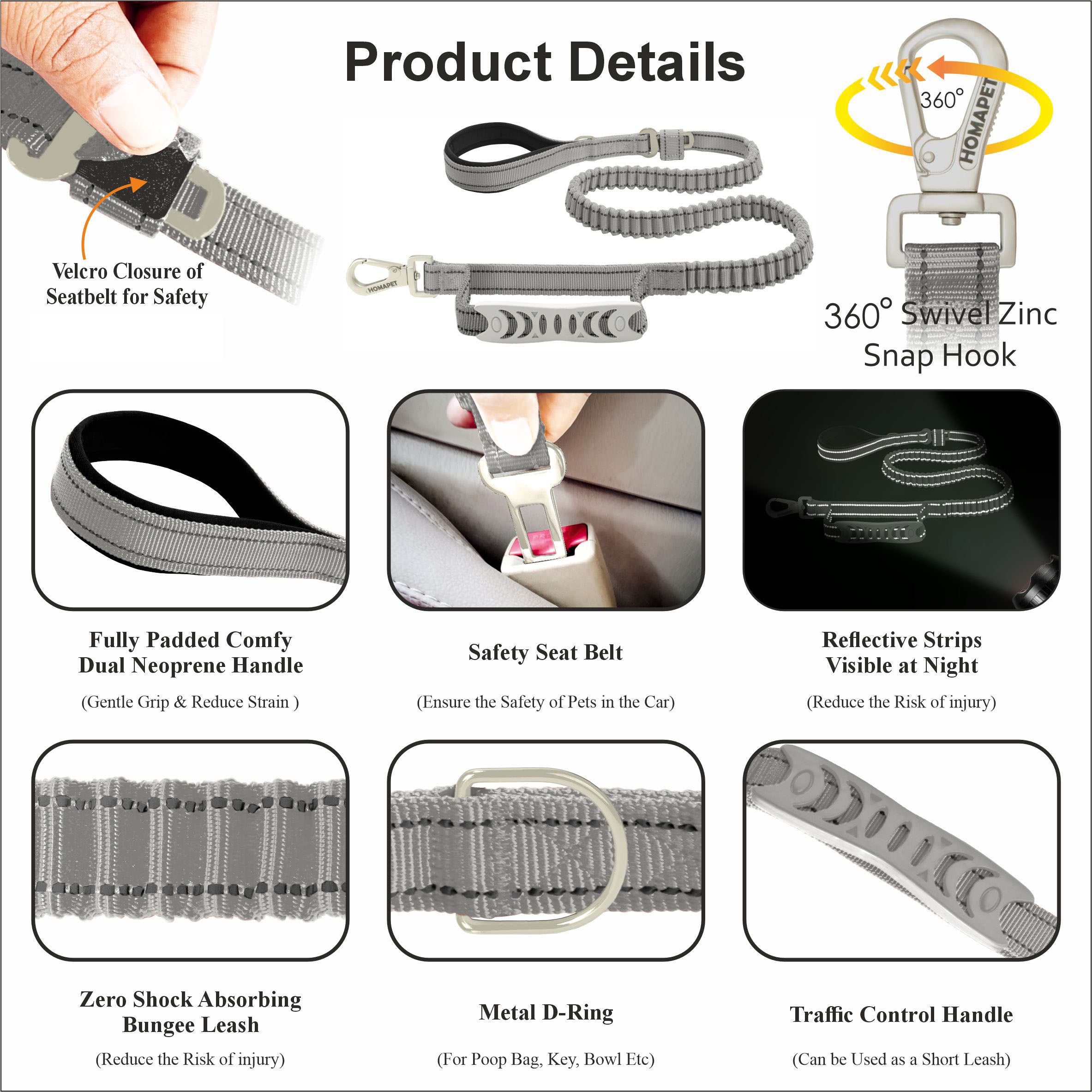 Light Grey Polyester Full Bungee Dog Leash