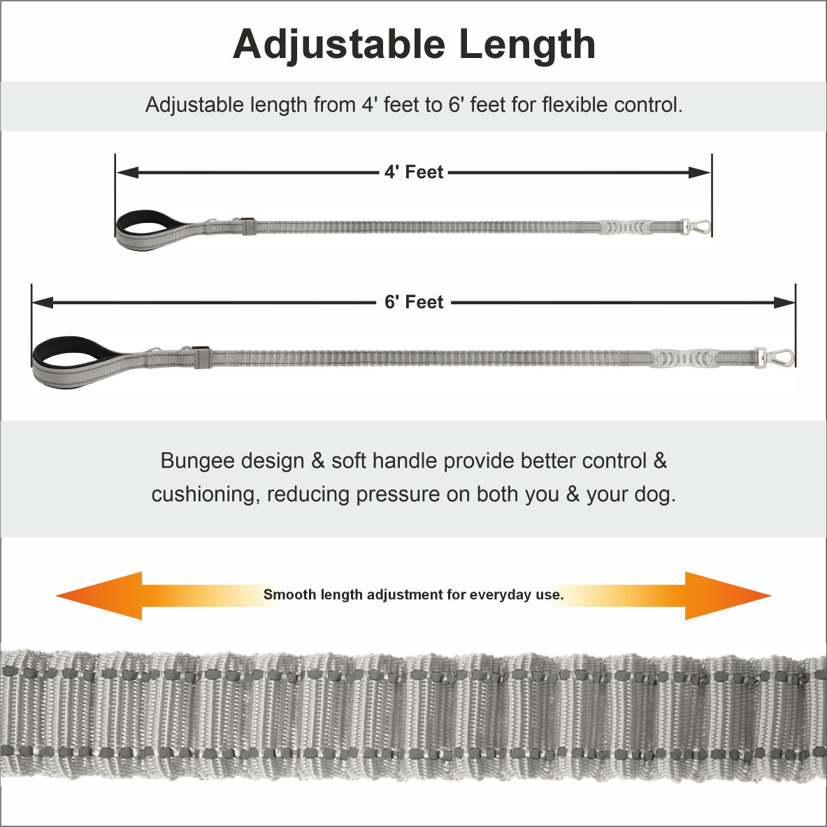 Light Grey Polyester Full Bungee Dog Leash
