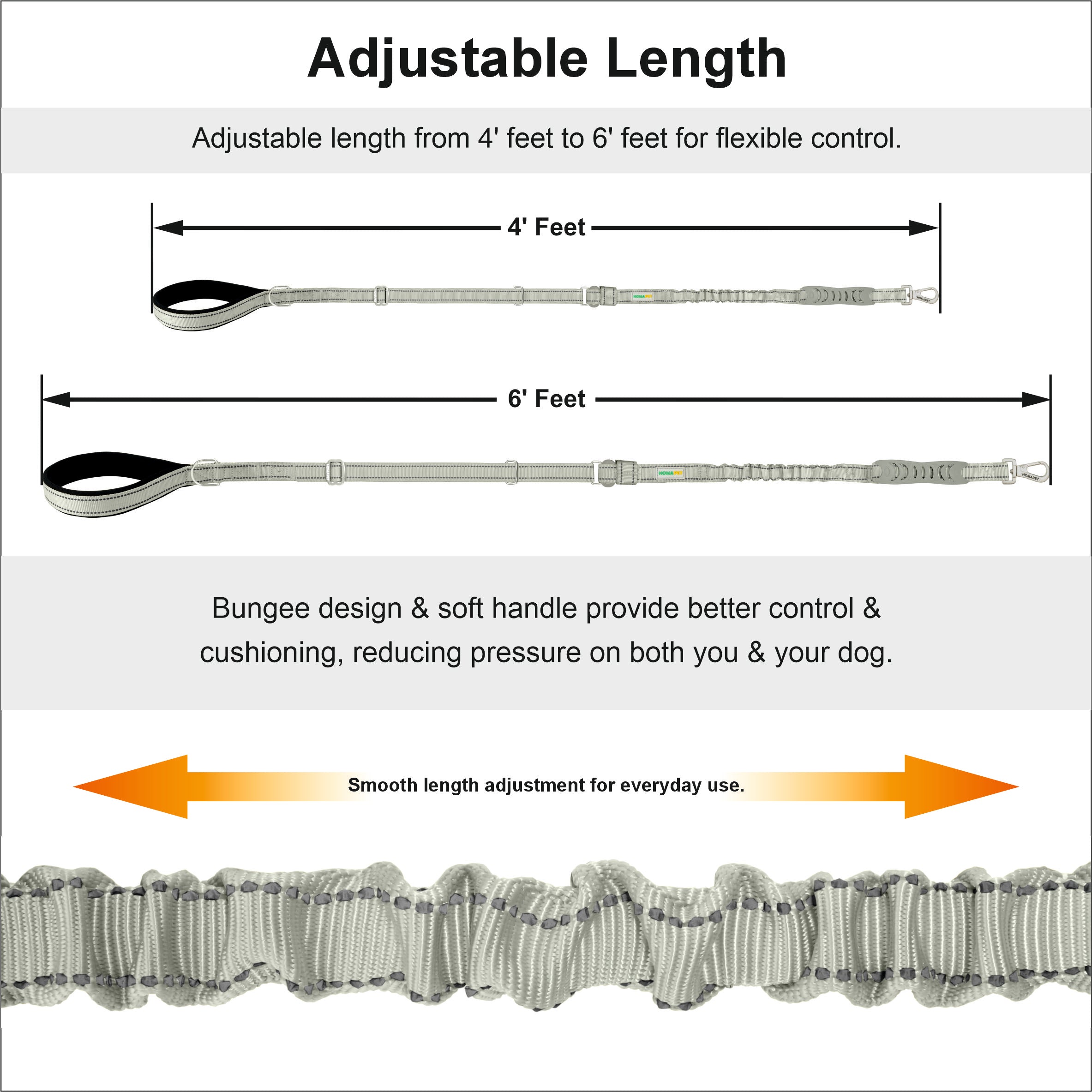 Light Grey Nylon Adjustable Bungee Dog Leash