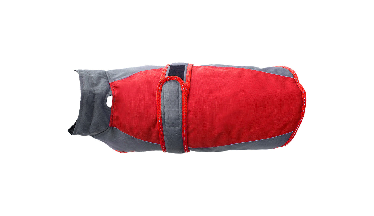 Red  Dark Grey Himalaya Dog Coat with 200 GSM Padding - Flat