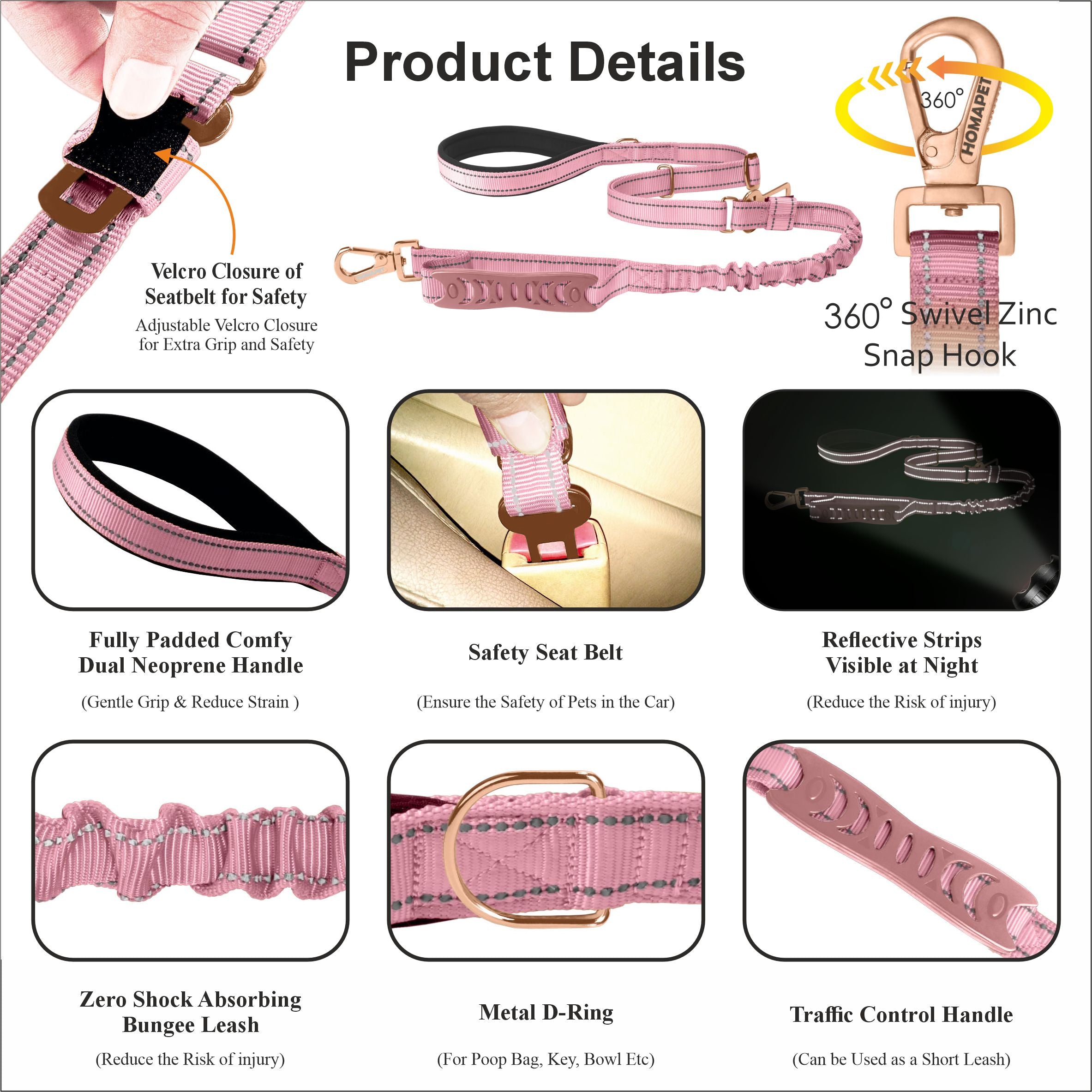 Lilac Sachet Nylon Adjustable Bungee Dog Leash