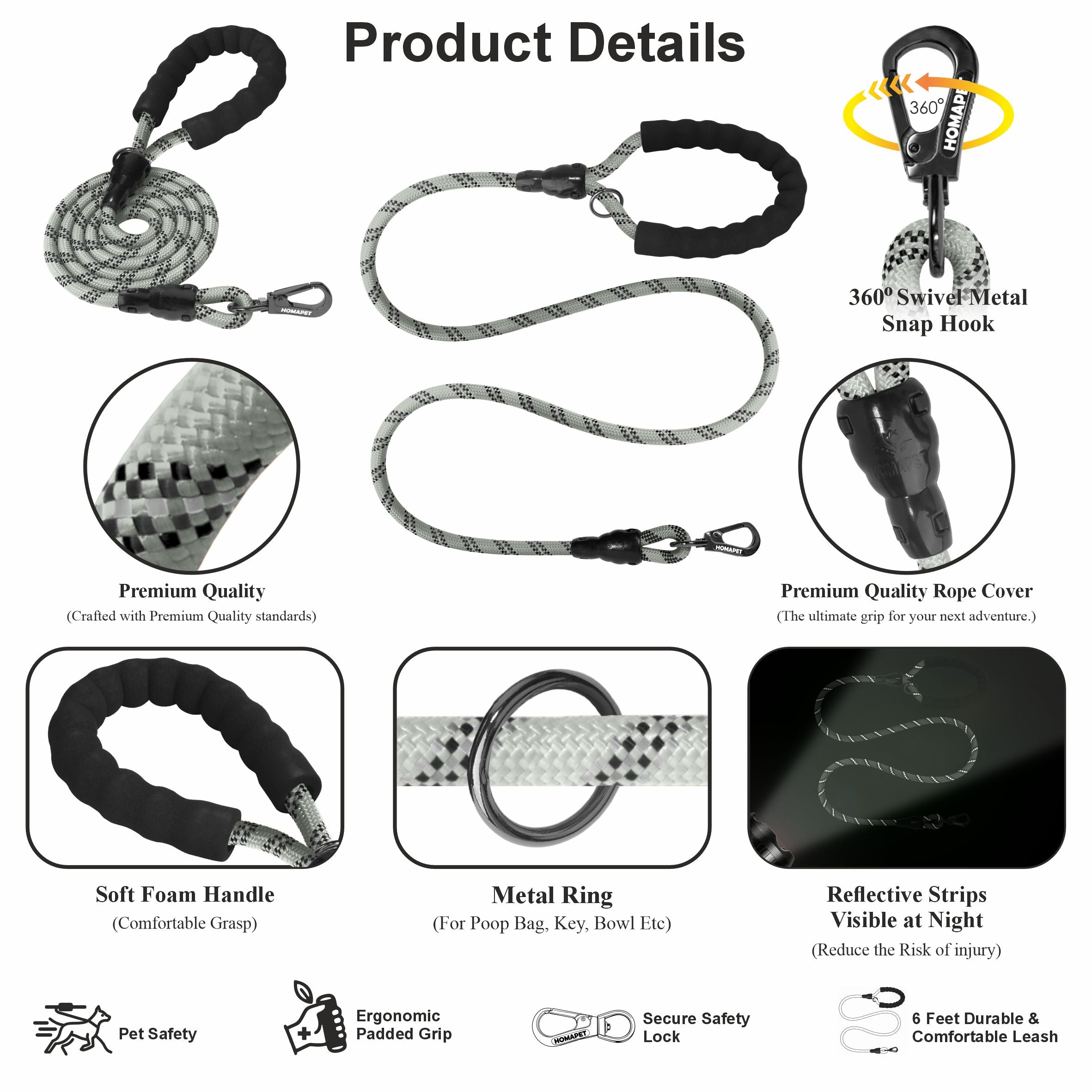 Light Grey - Black Braided Polyester Reflective Dog Rope