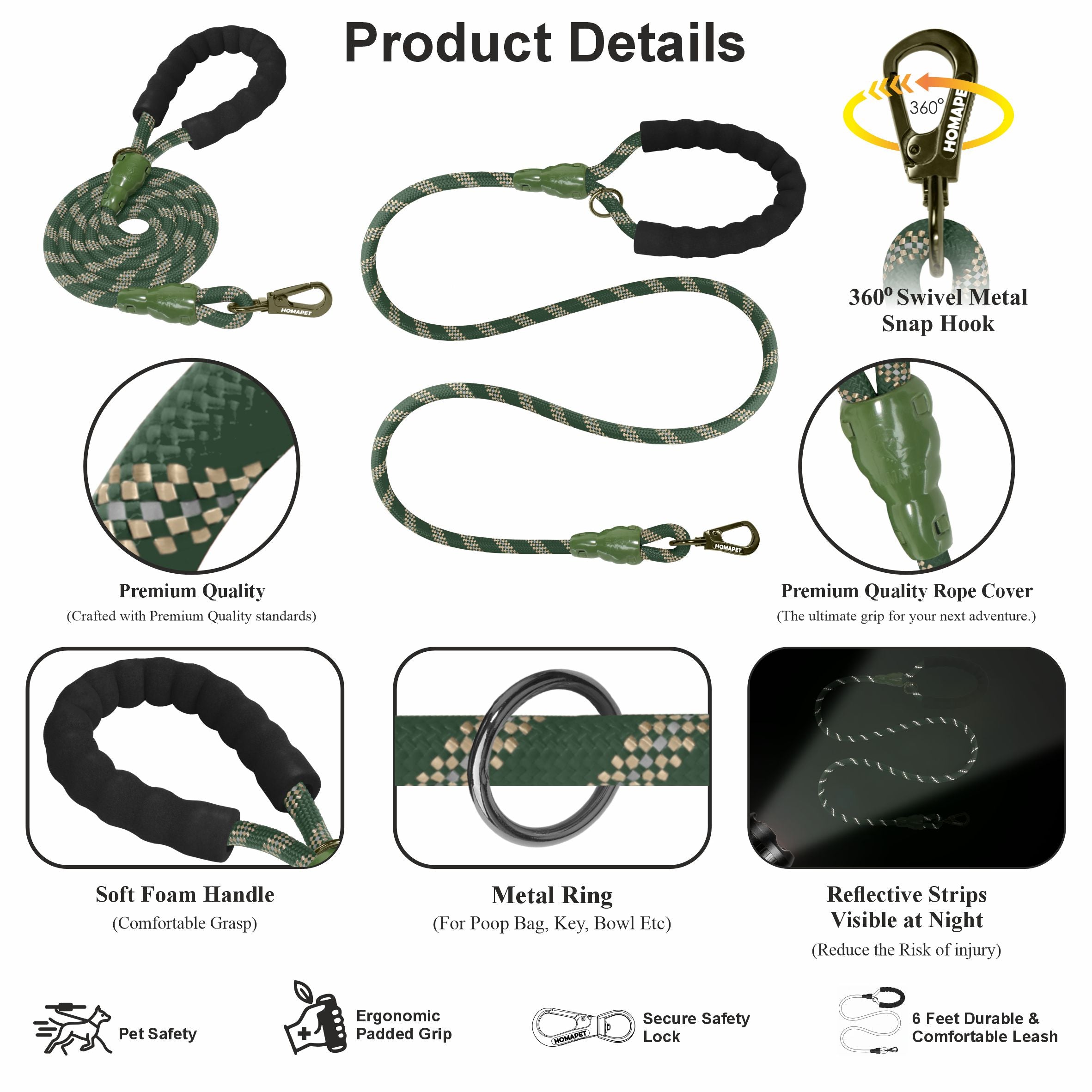 Olive Green - Copper Brown Braided Polyester Reflective Dog Rope