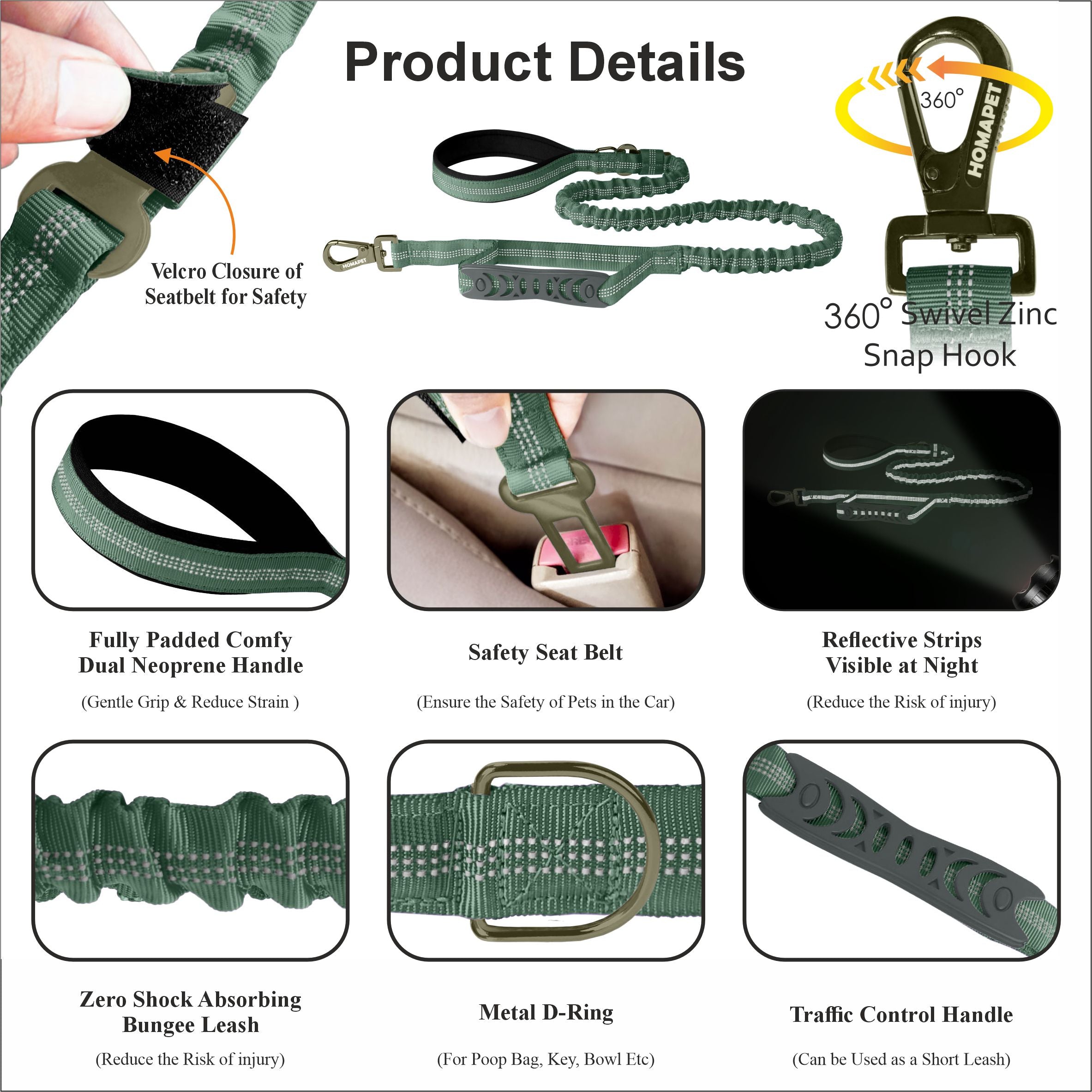 Olive Green Polyester Full Bungee Dog Leash