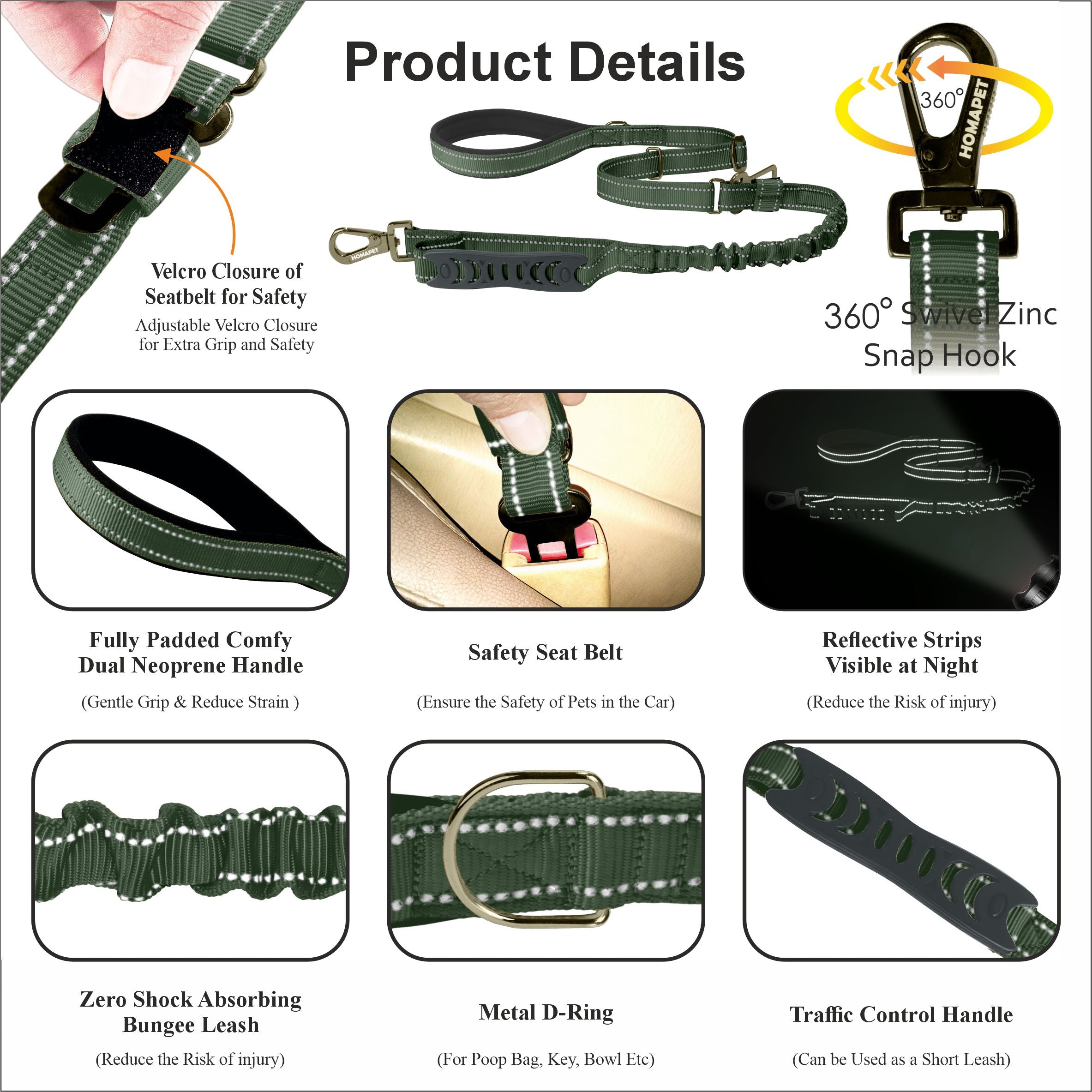 Olive Green Nylon Adjustable Bungee Dog Leash