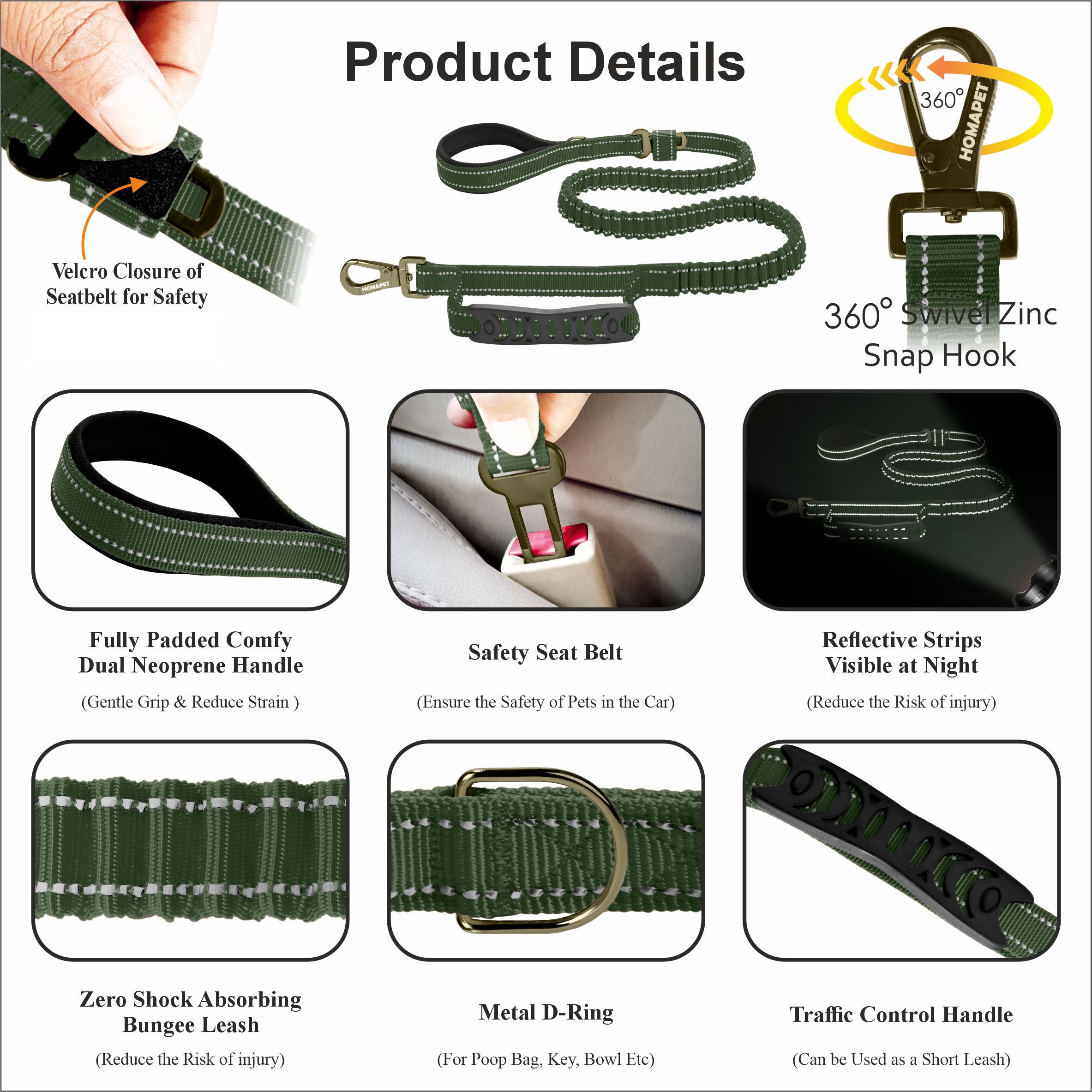Olive Green Polyester Full Bungee Dog Leash