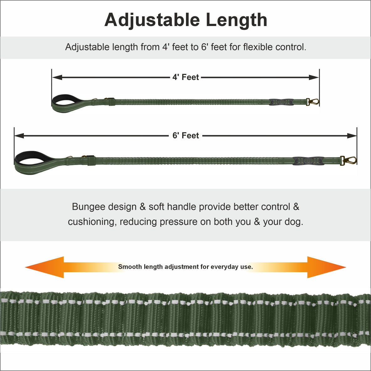 Olive Green Polyester Full Bungee Dog Leash