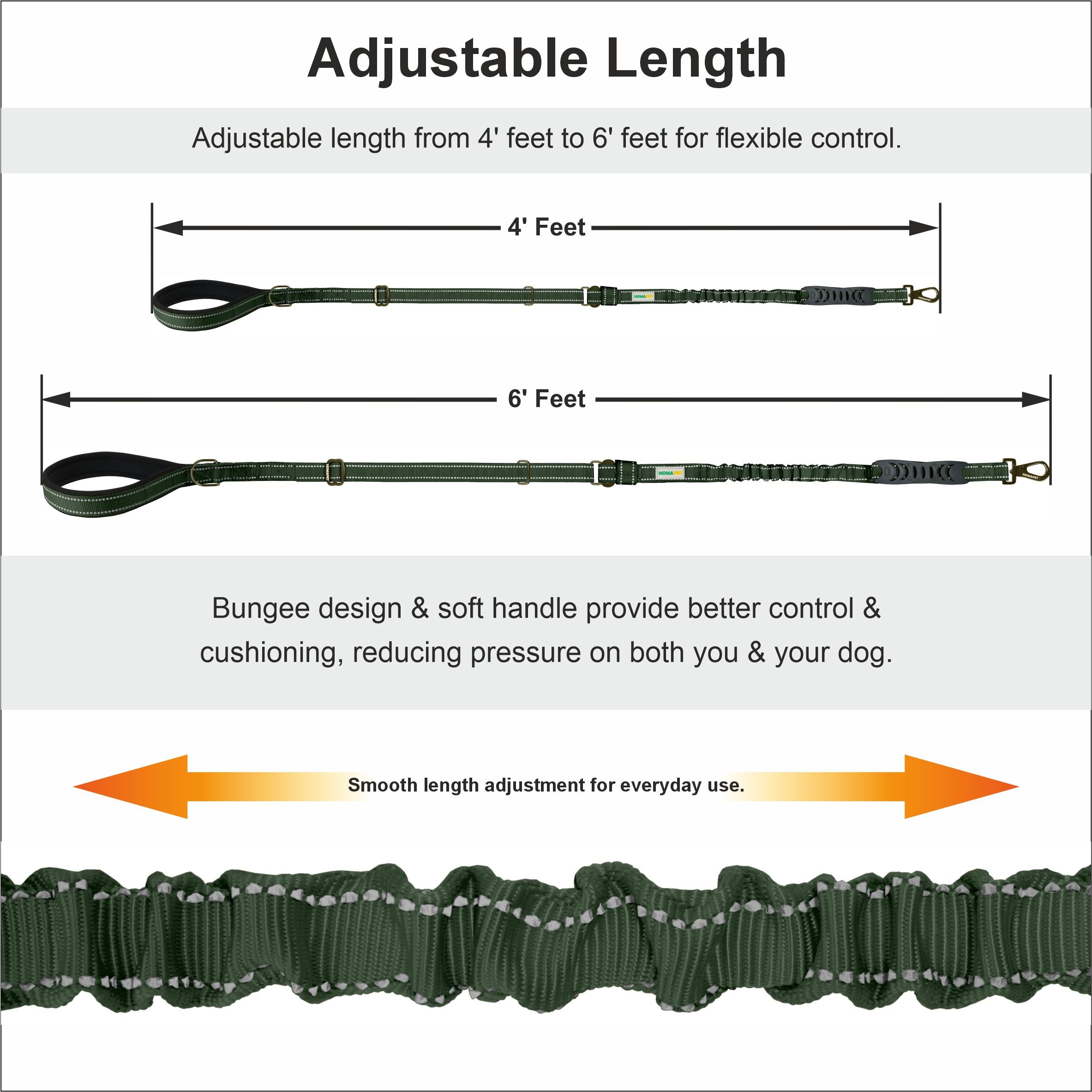 Olive Green Nylon Adjustable Bungee Dog Leash