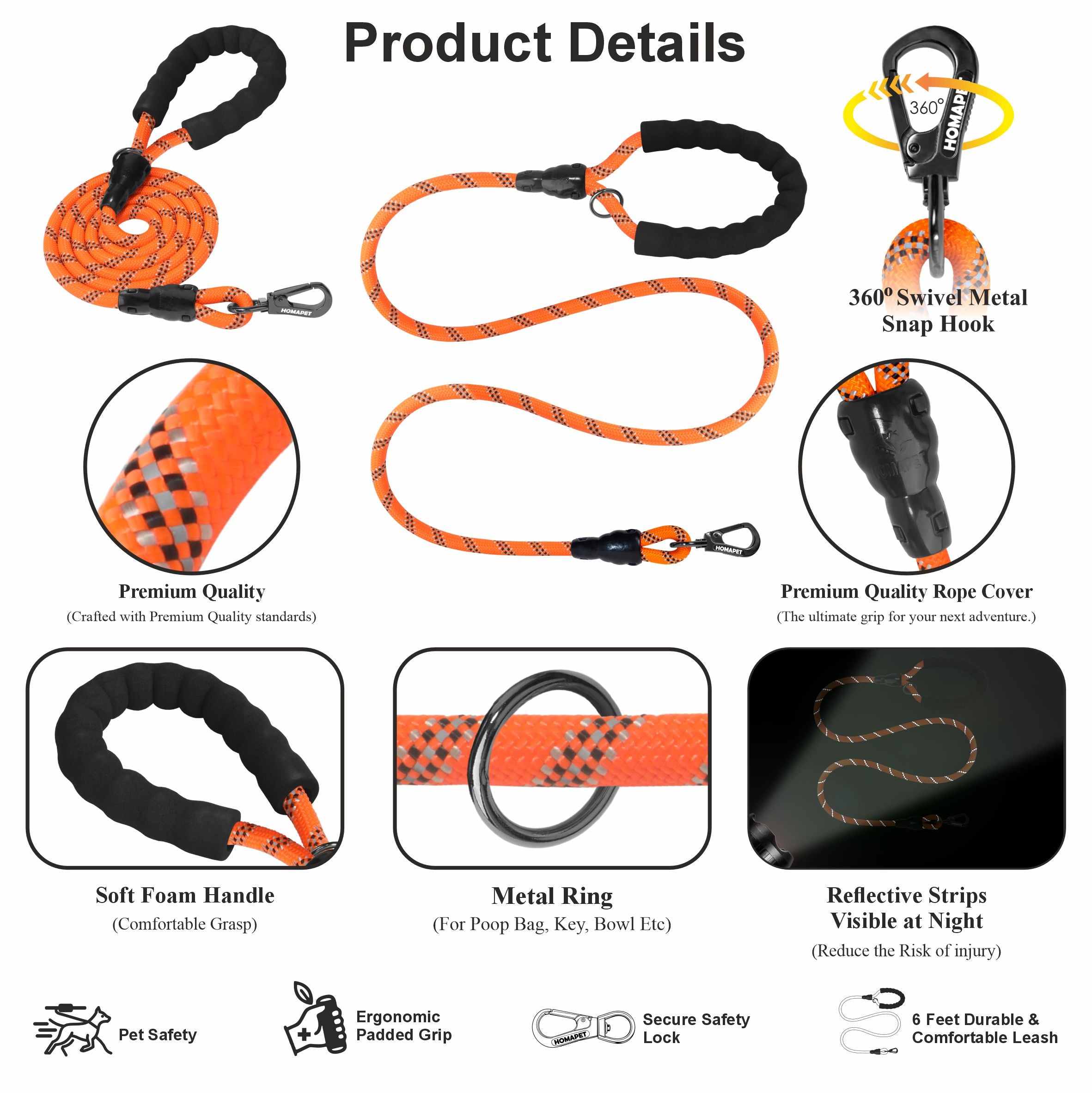 Orange Black - Grey Braided Polyester Reflective Dog Rope