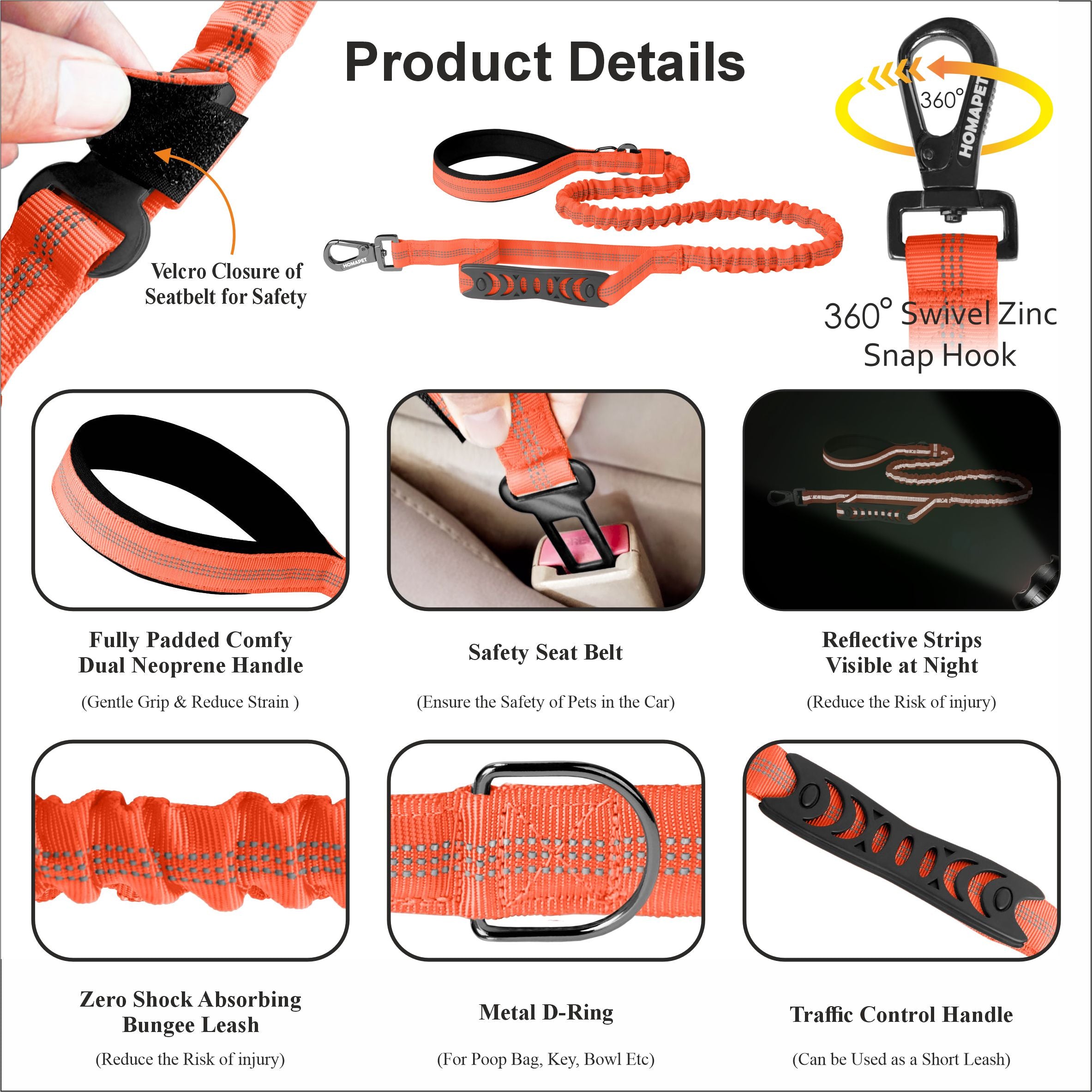Orange Polyester Full Bungee Dog Leash