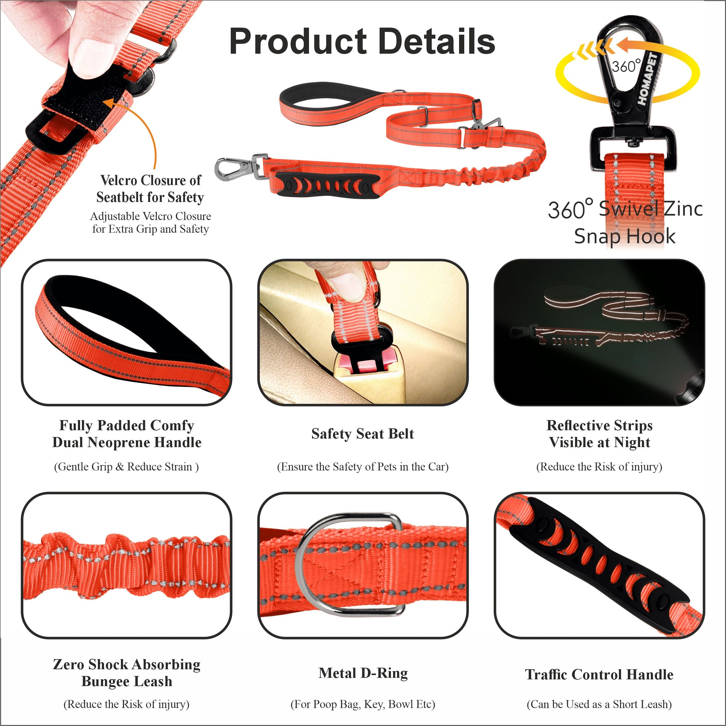 Orange Nylon Adjustable Bungee Dog Leash