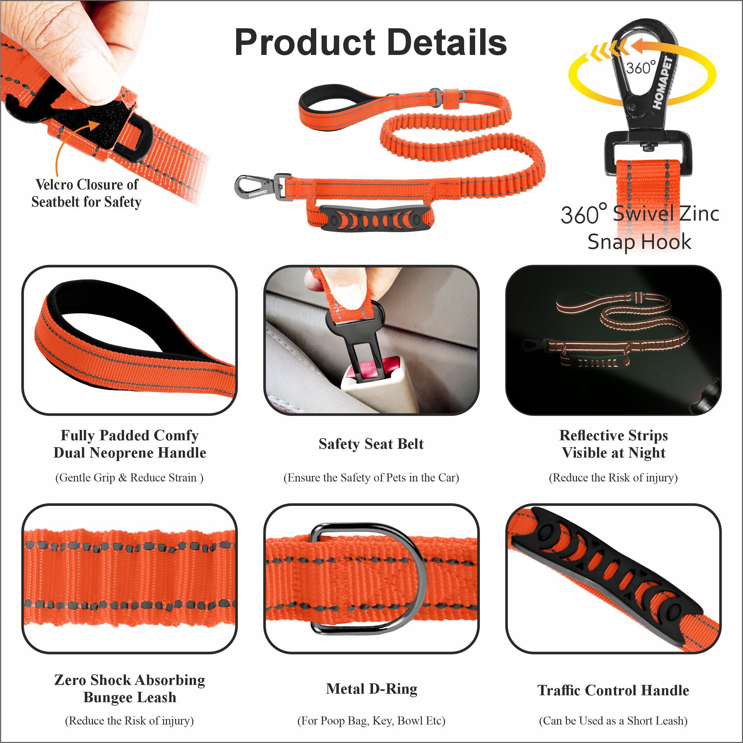 Orange Polyester Full Bungee Dog Leash