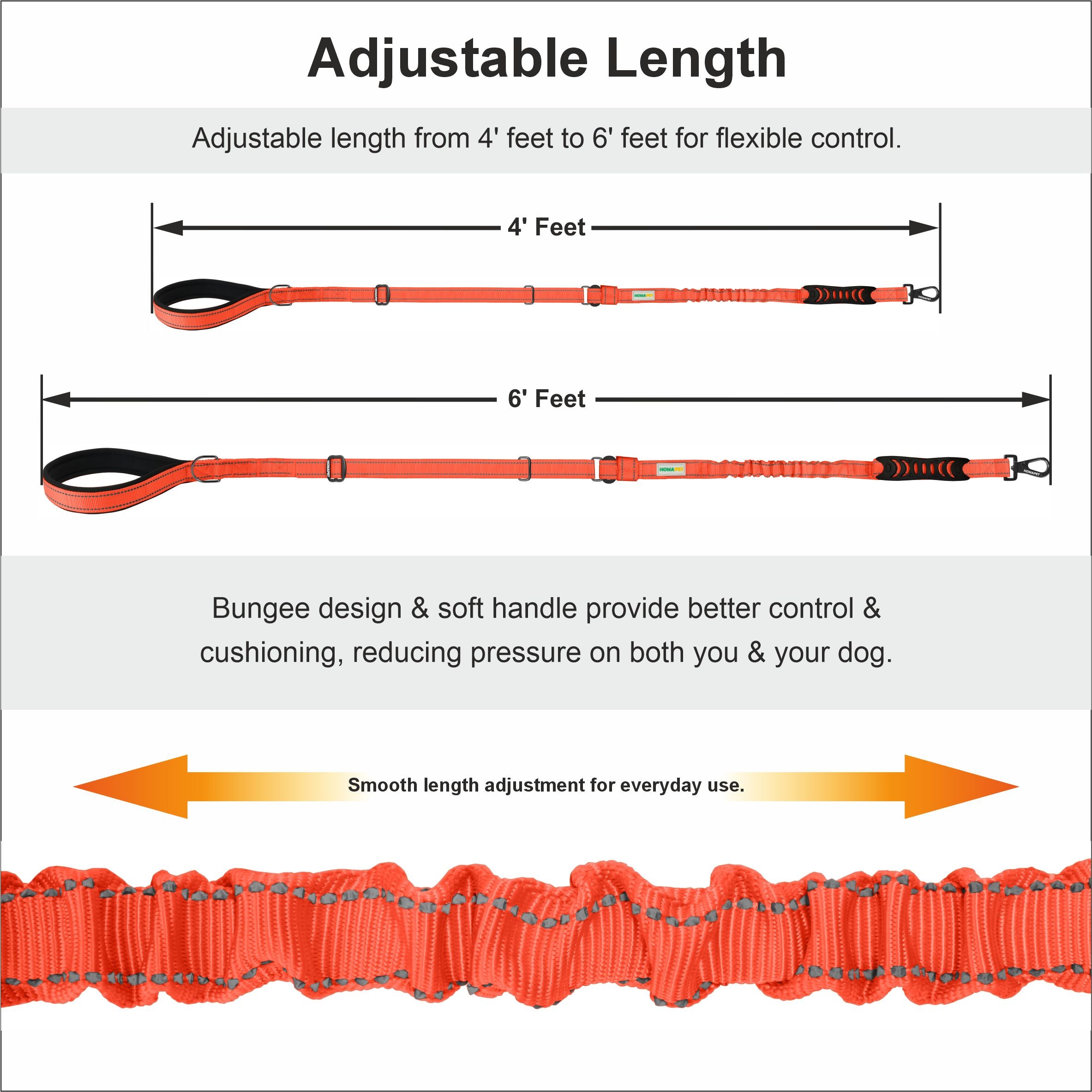 Orange Nylon Adjustable Bungee Dog Leash