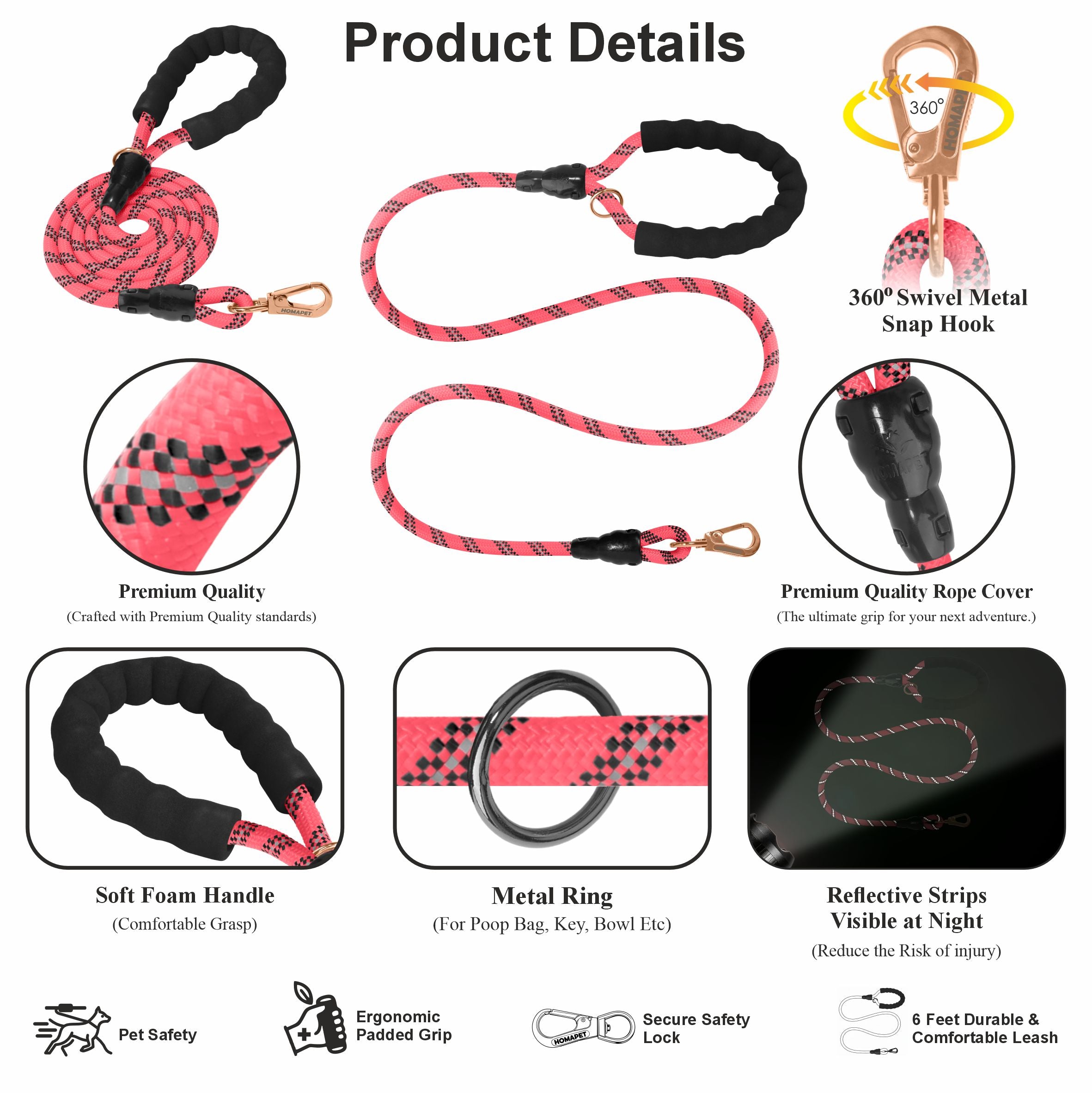 Pink - Black Braided Polyester Reflective Dog Rope