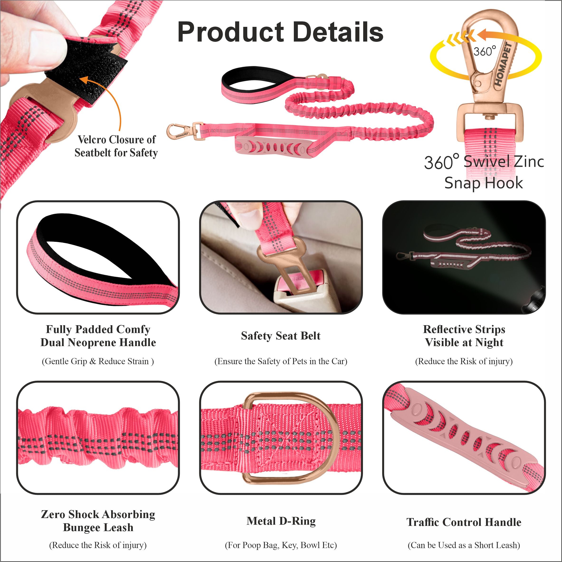Pink Polyester Full Bungee Dog Leash