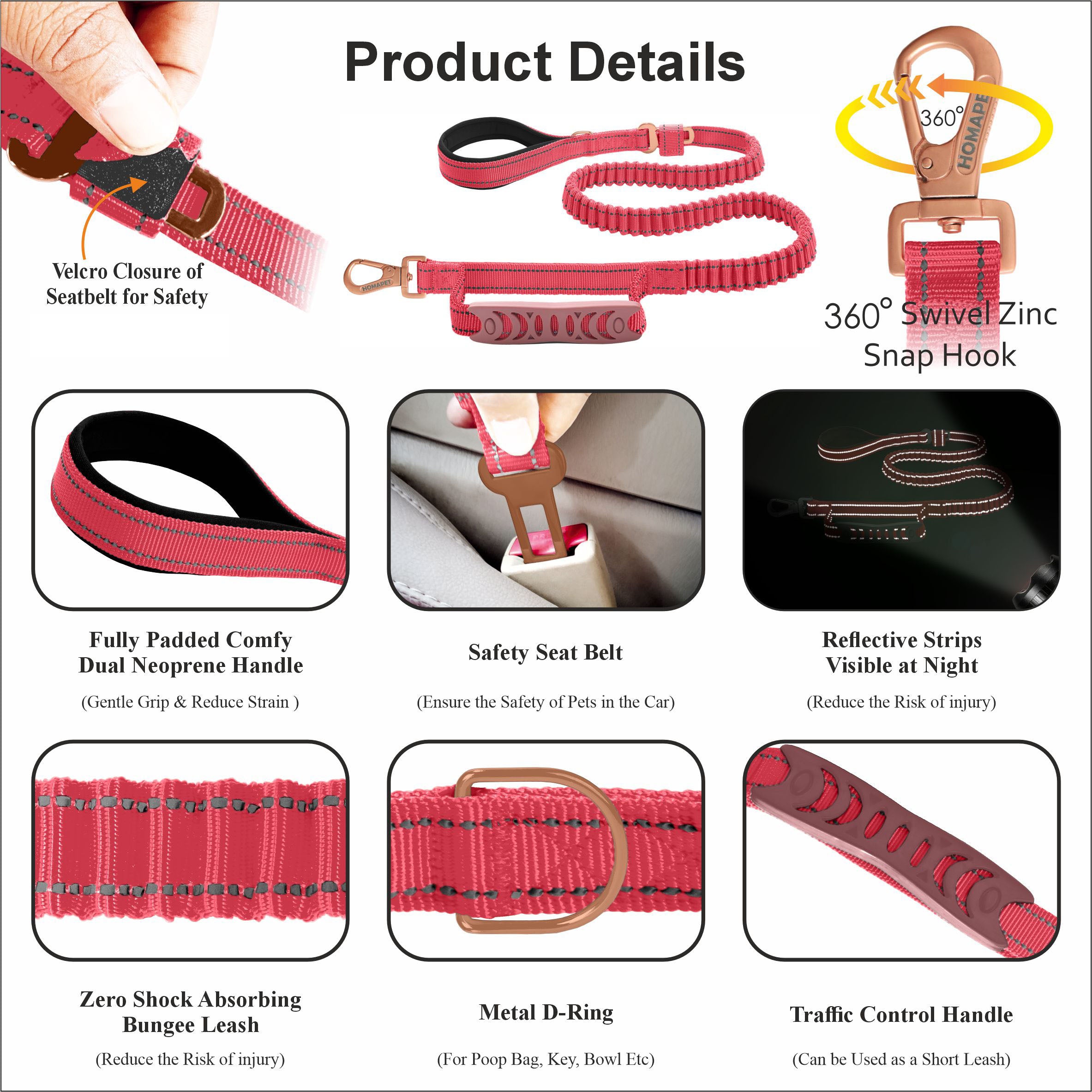 Pink Polyester Full Bungee Dog Leash
