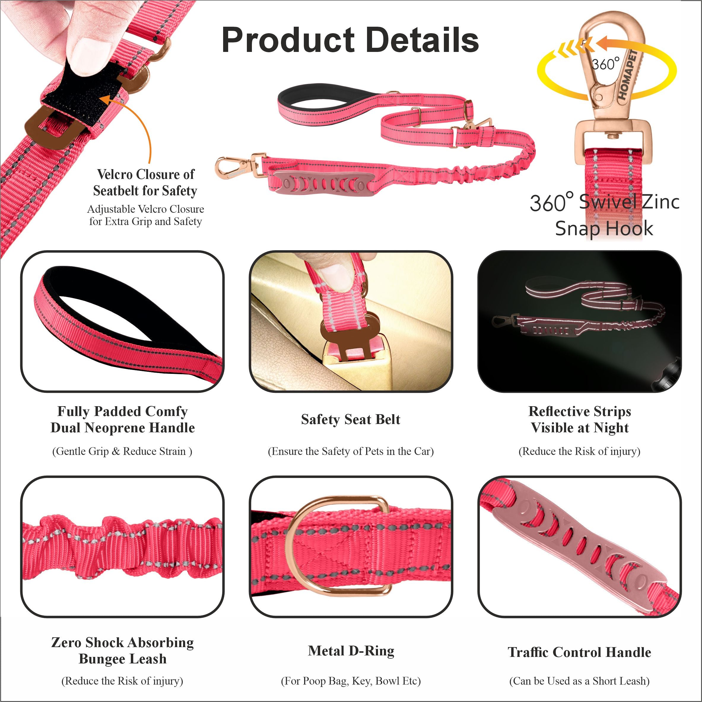 Pink Nylon Adjustable Bungee Dog Leash