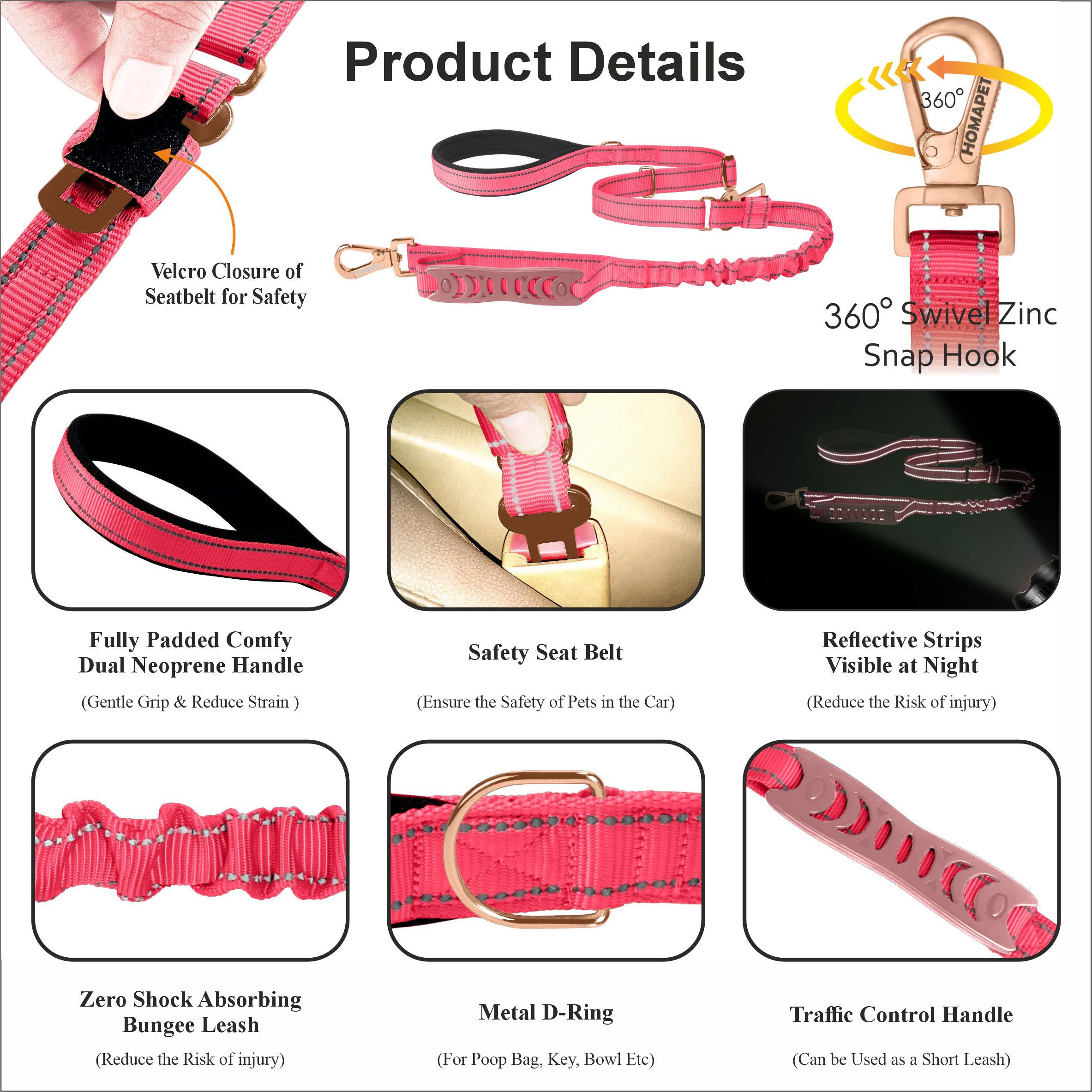 Pink Nylon Adjustable Bungee Dog Leash