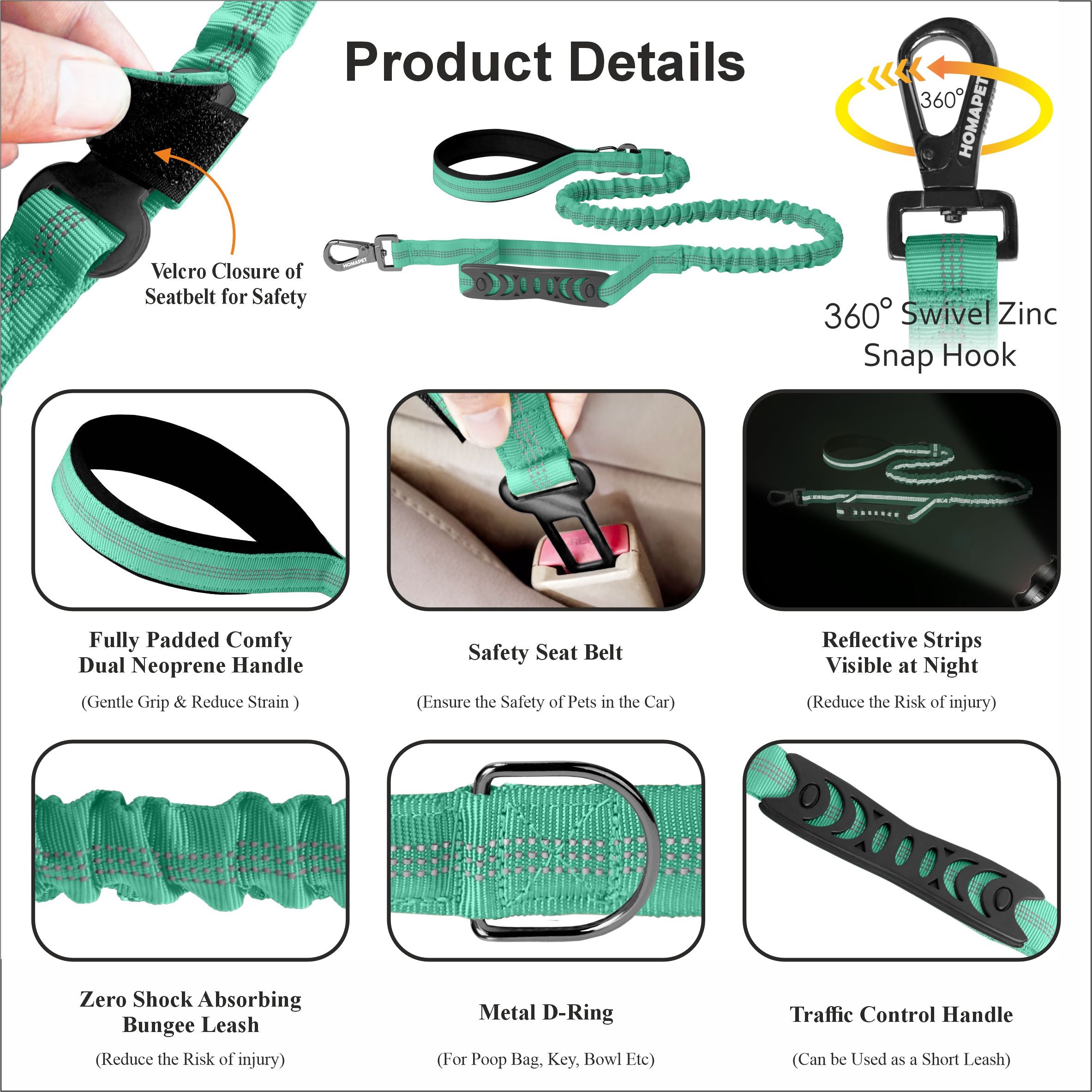Poly Green Polyester Full Bungee Dog Leash