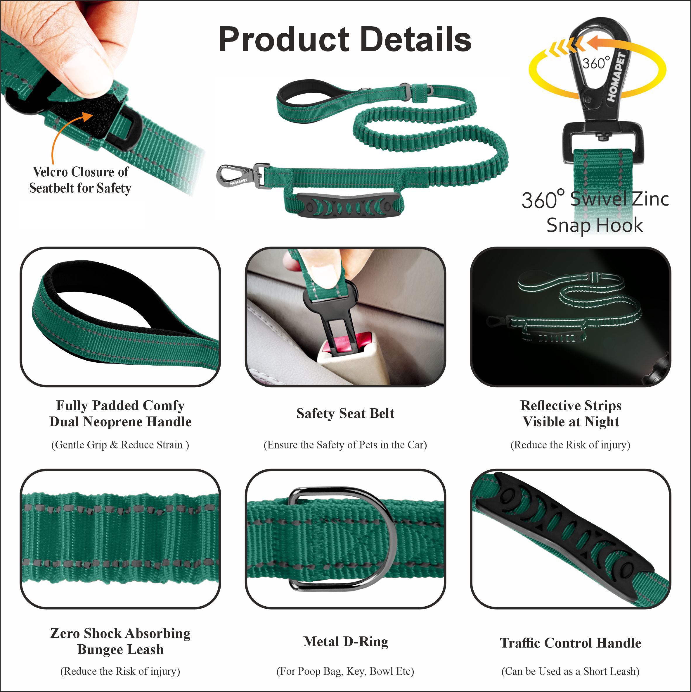 Poly Green Polyester Full Bungee Dog Leash