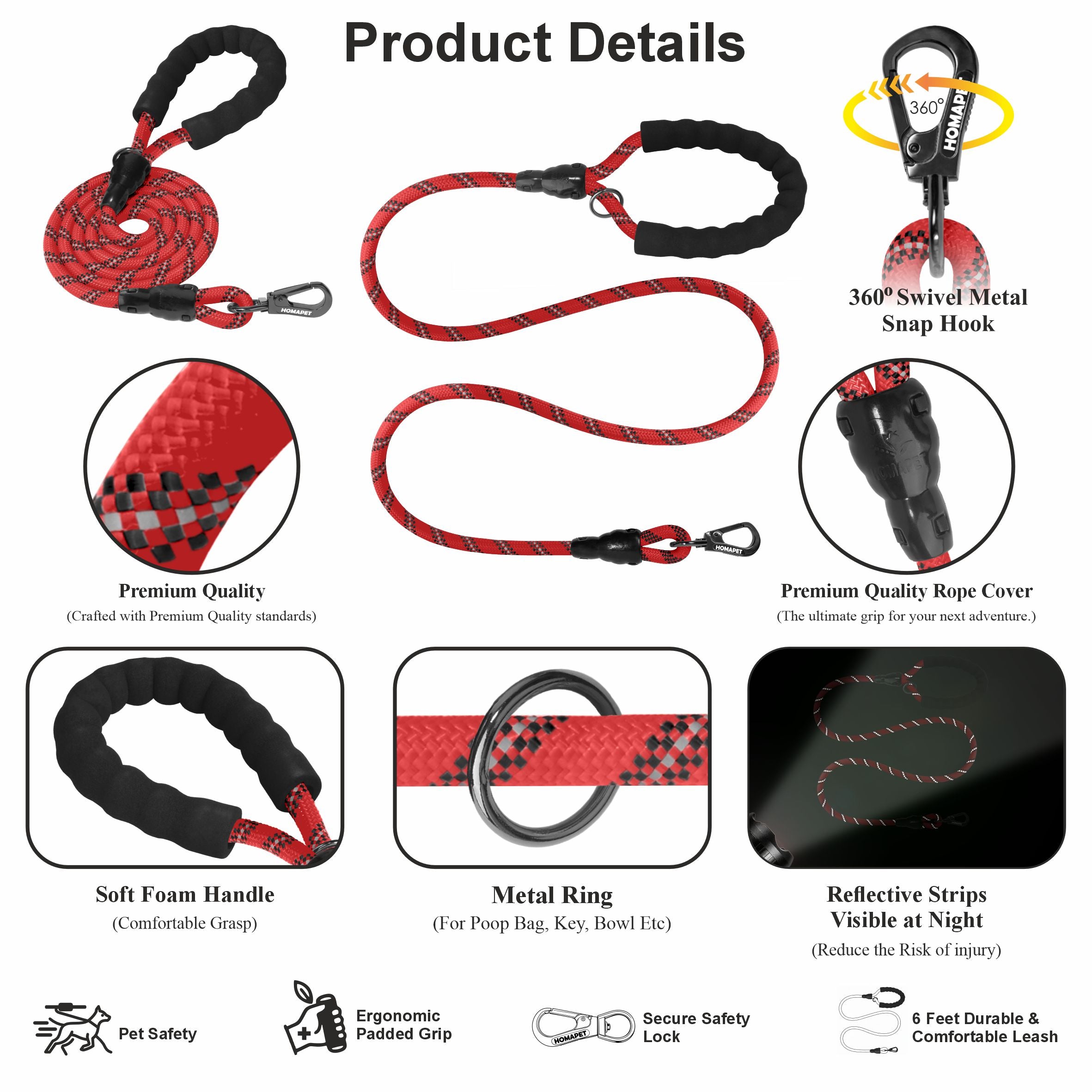 Red - Black Braided Polyester Reflective Dog Rope