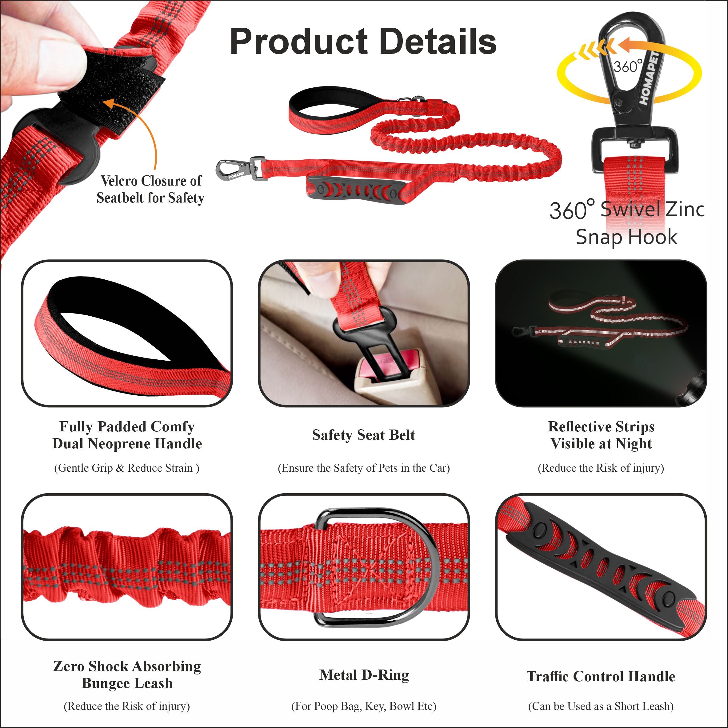 Red Polyester Full Bungee Dog Leash