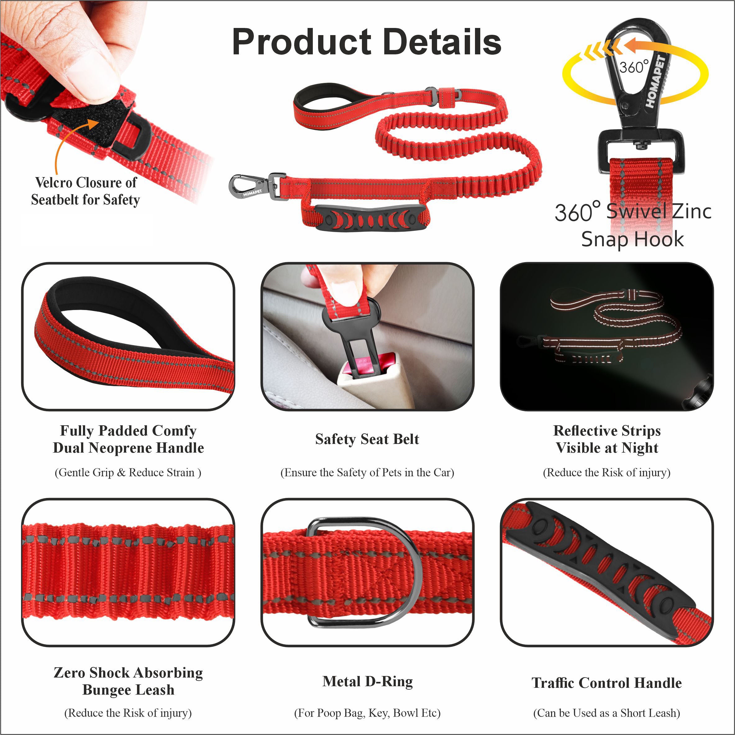 Red Polyester Full Bungee Dog Leash