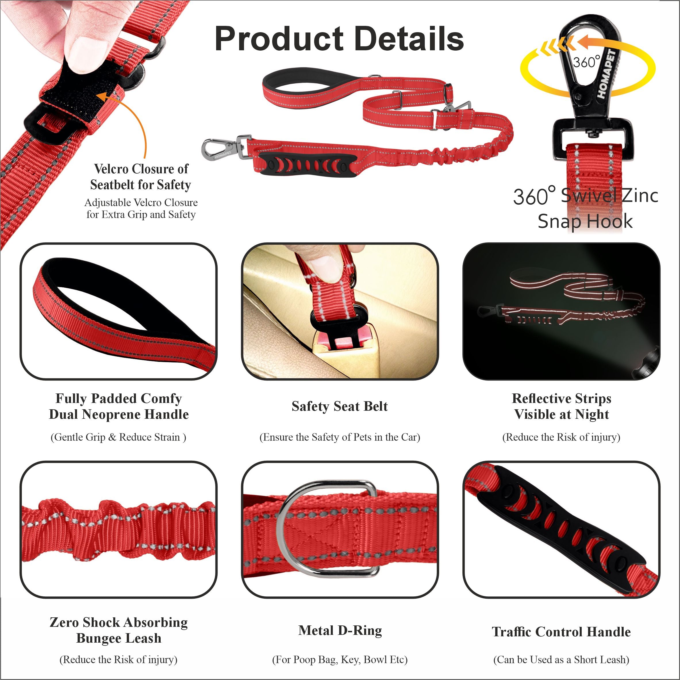 Red Nylon Adjustable Bungee Dog Leash