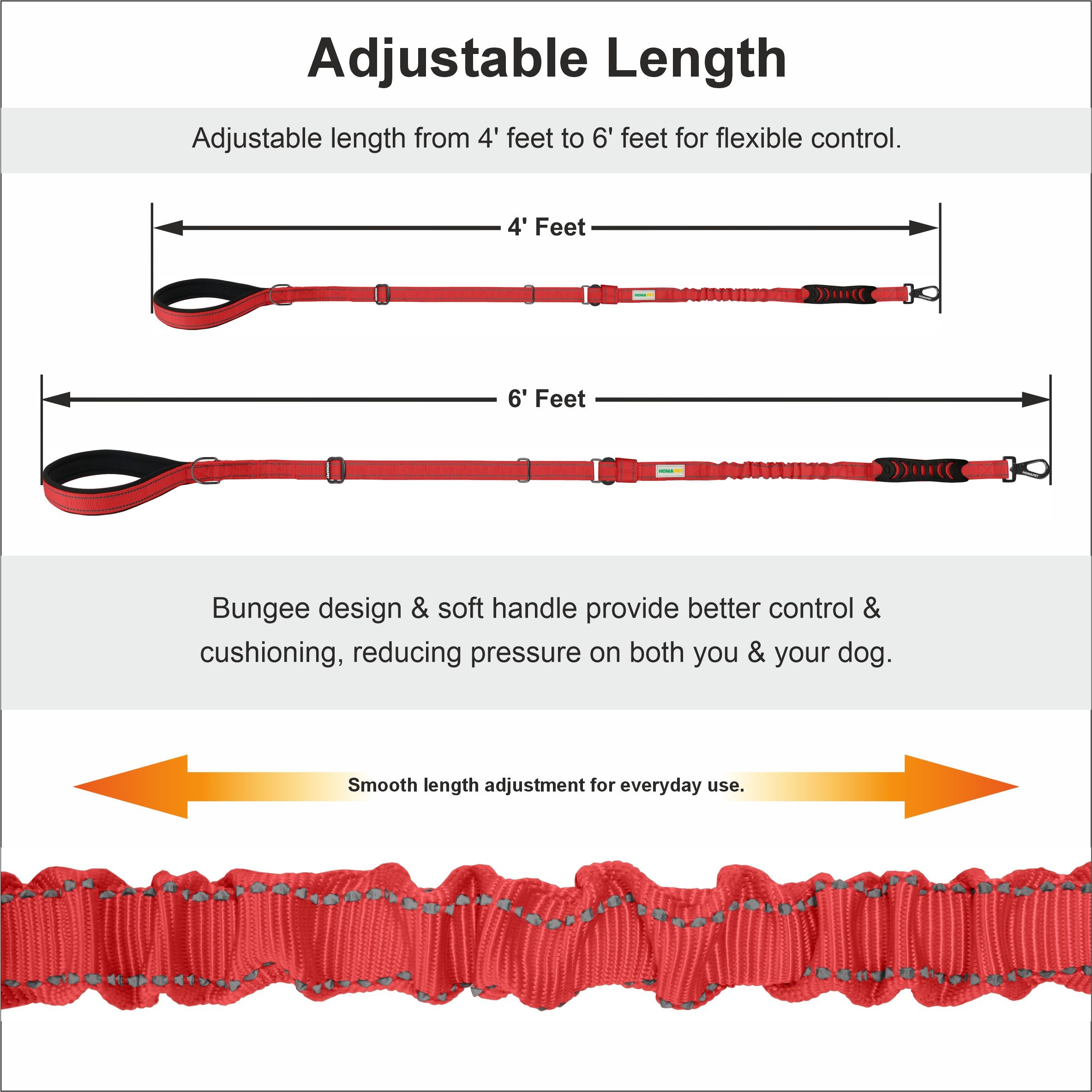Red Nylon Adjustable Bungee Dog Leash
