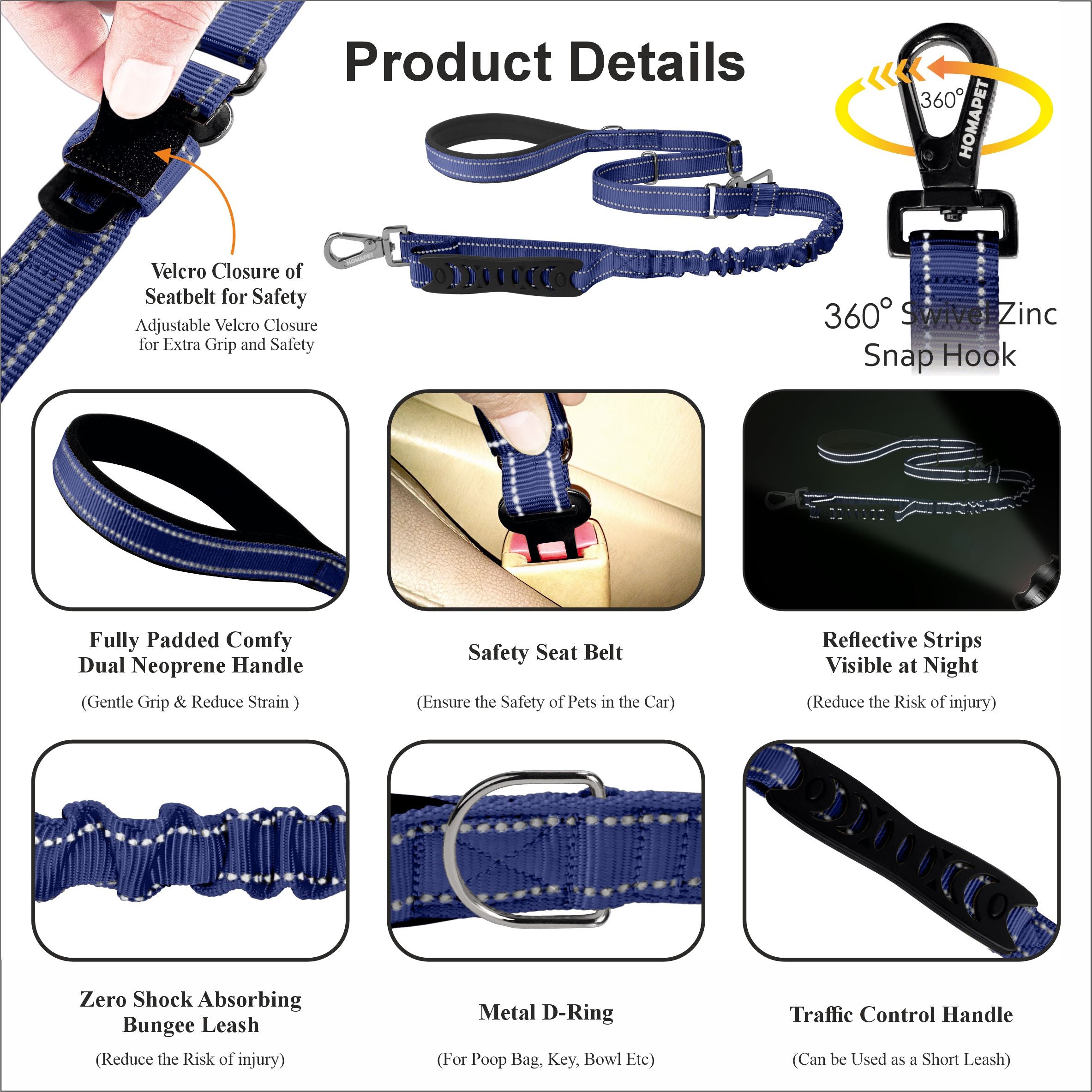 Sodalite Blue Nylon Adjustable Bungee Dog Leash